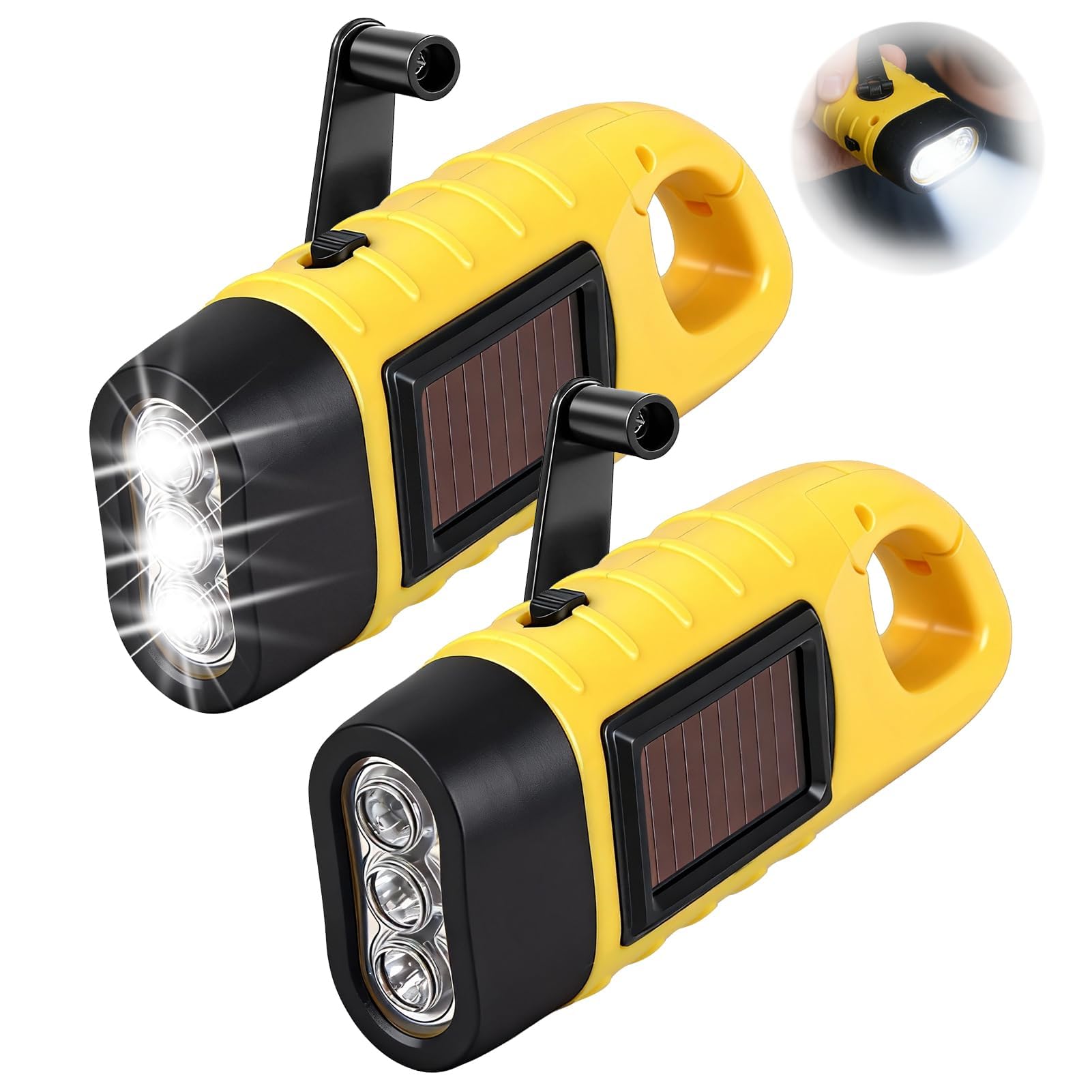 2Pc Wind Up Torch, Super Bright Wind Up LED Torch, Hand Crank & Solar Powered Emergency Flashlight with Carabiner Hook, Portable Dynamo Survival Gear for Camping, Hiking, Outdoor (Yellow)