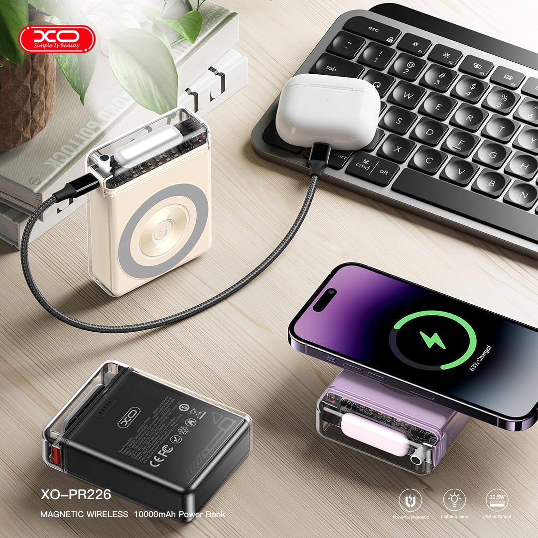 XO PR226 power bank con torcia, 10000 mAh power bank compatibile con MagSafe, 20 W PD + 22,5 W ricarica rapida USB, ricarica wireless da 15 W, trasparente (nero)