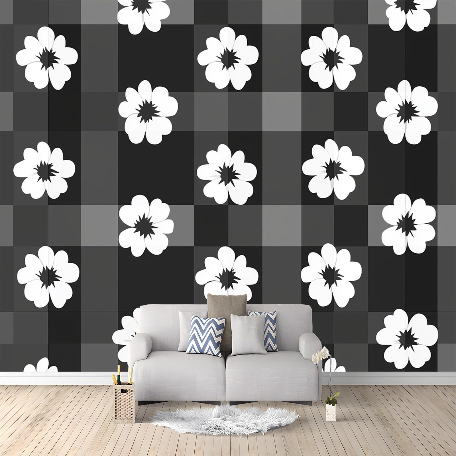 Wallpaper Wall Mural Geometric Plaid Flower Gray 350x256 cm 3D Photo Wallpaper Non-Woven Wall Mural Poster, for Living Room Bedroom Corridor TV Background Wall Decor Murals