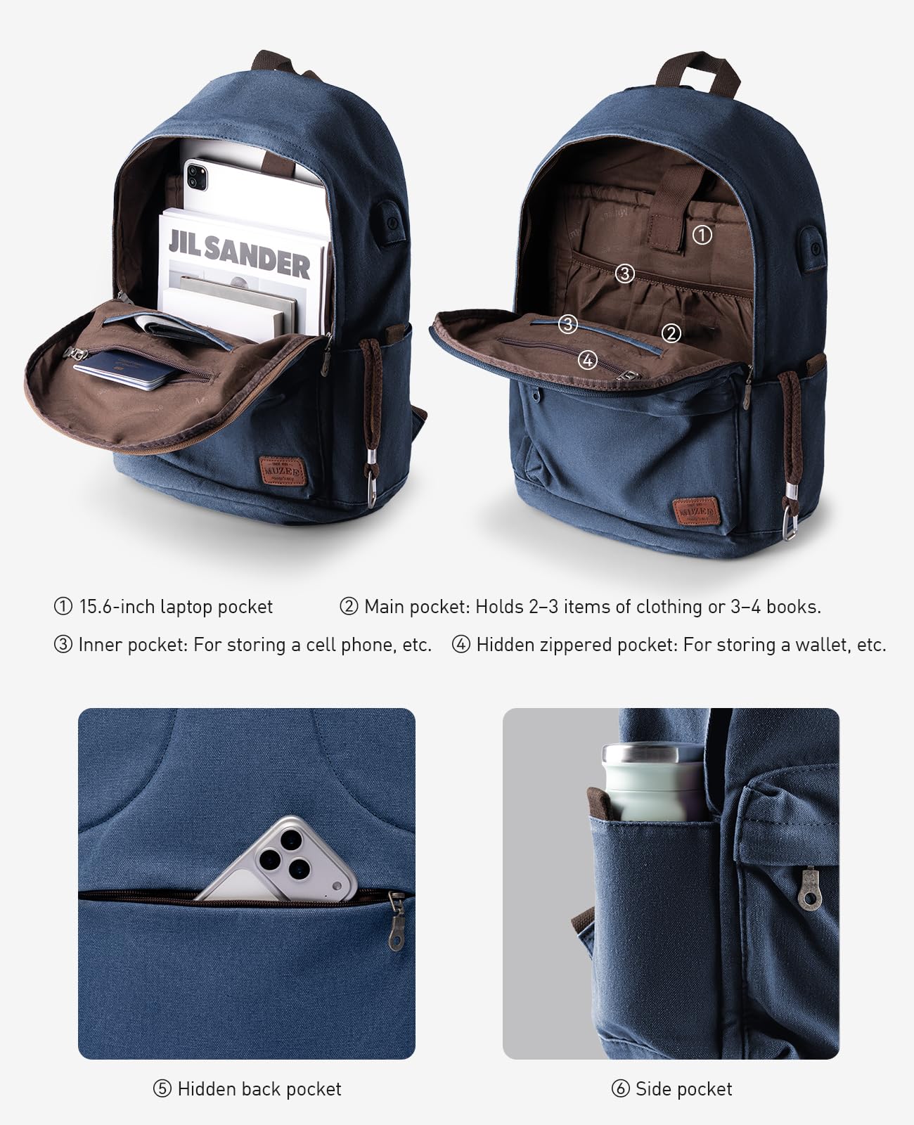 Muzee Zaino in tela con porta di ricarica USB per uomo e donna, leggero, antifurto, da viaggio, università, studente, zaino per laptop fino a 15,6 pollici, Blu, S, Casual