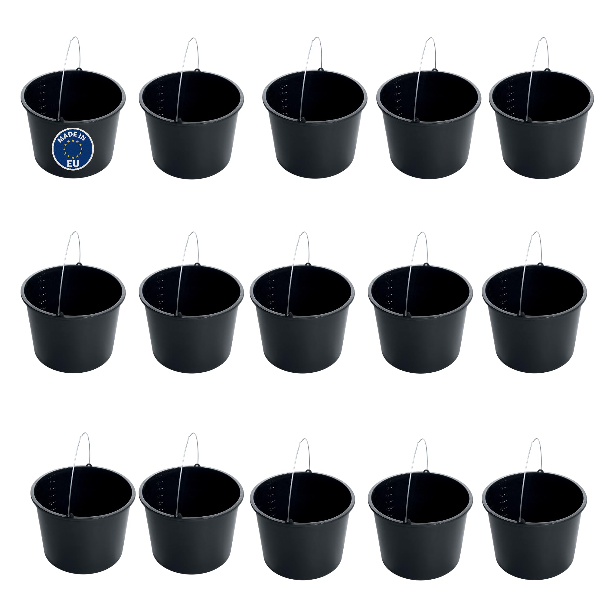 Schwarzer 20L Eimer mit Skala – robuster Kunststoffeimer mit Griff – Putzeimer, Zementeimer, Wassereimer für Garten, Haushalt & Baustelle – Sets 15 St. (15, 20L)