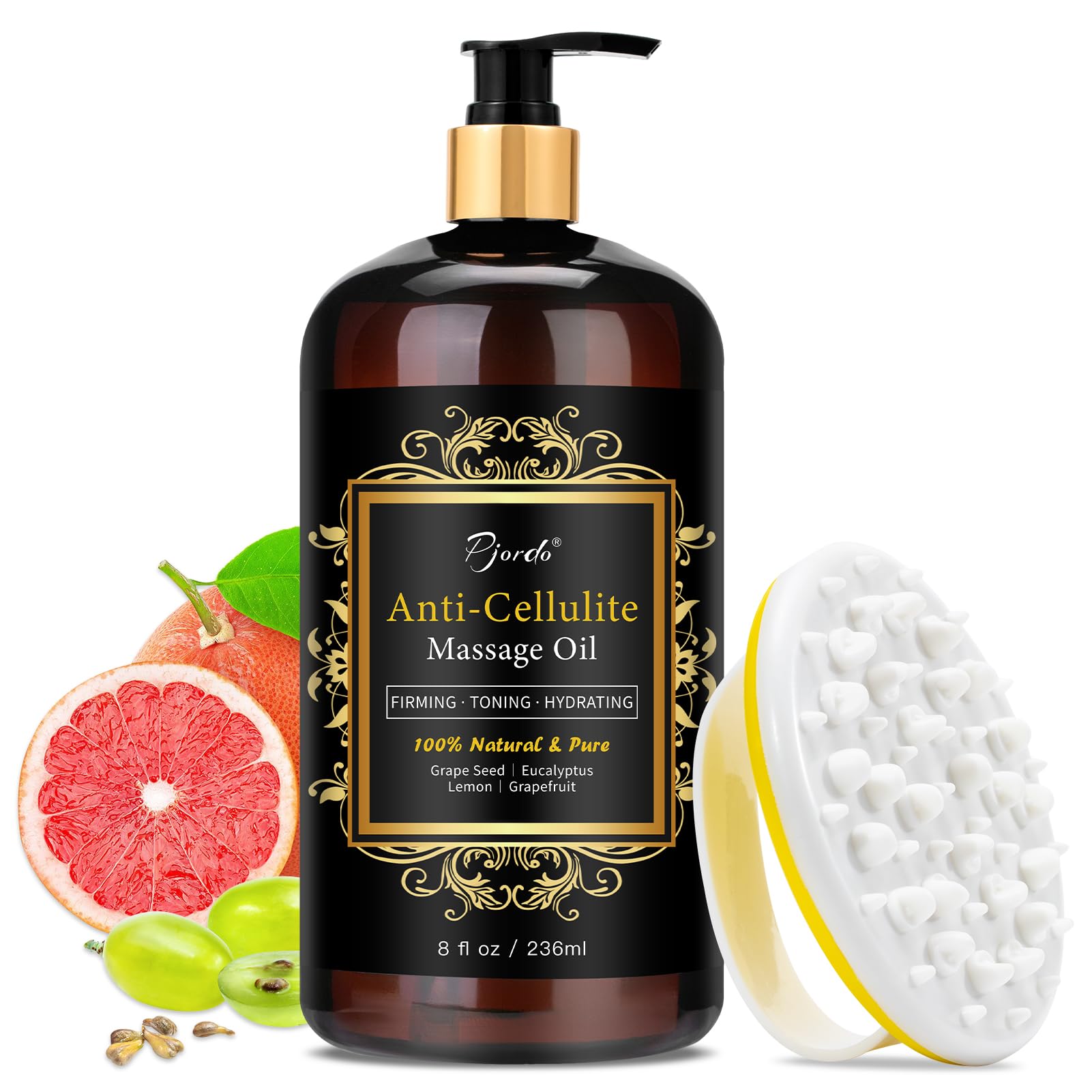 Pjordo Anti Cellulite Massage Oil with Massager, Collagen and Stem Cell Skin Tightening Oil Natural Cellulite Remover Therapy Oil for Cellulite & Stretch Mark (8 Fl Oz)