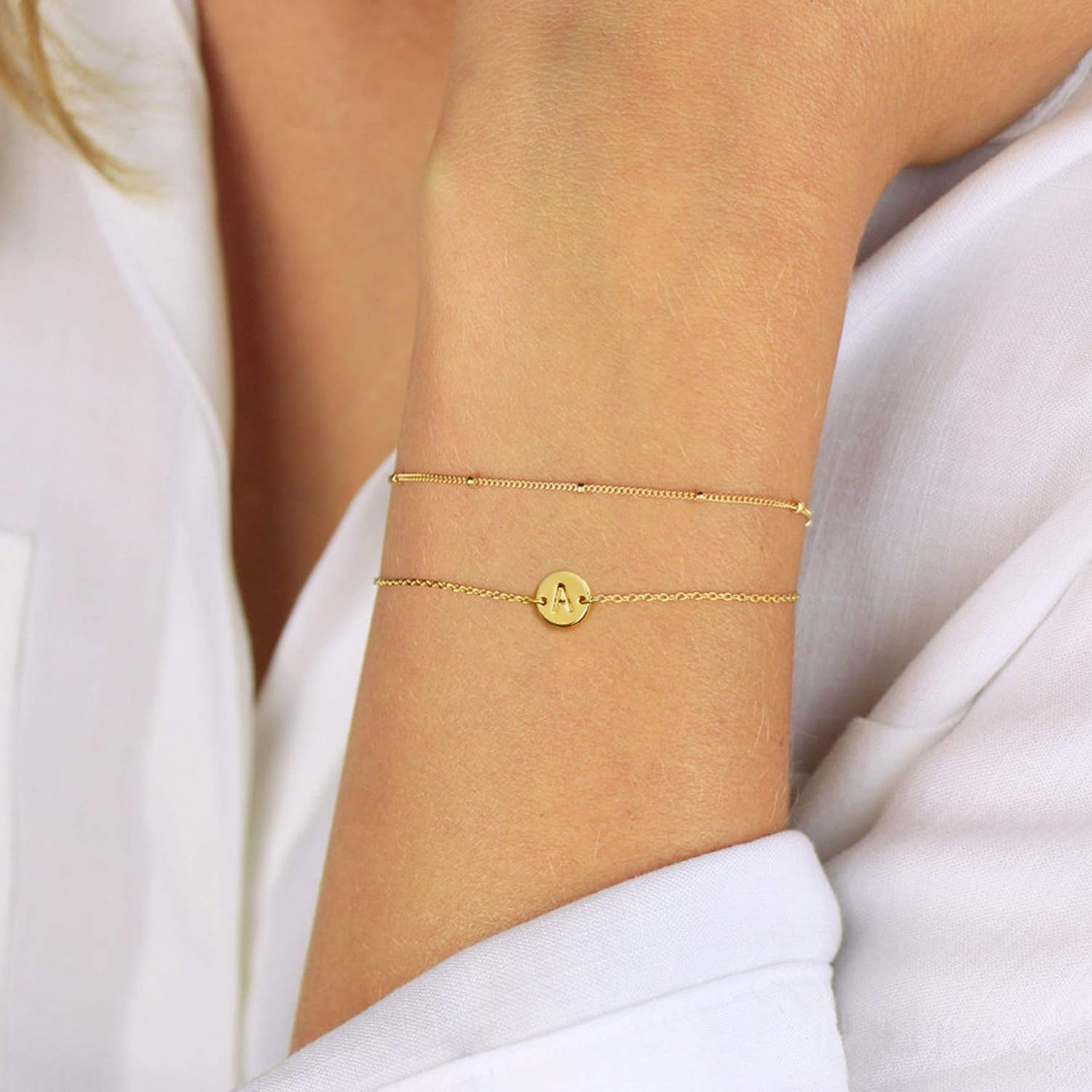 MONOZO Gold Initial Bracelets for Women Girls - Dainty 14K Gold Plated Layered Beaded Letter Initial Bracelet 26 Alphabet Disc Monogram Charm Bracelet Jewelry Gifts for Her - Image 7