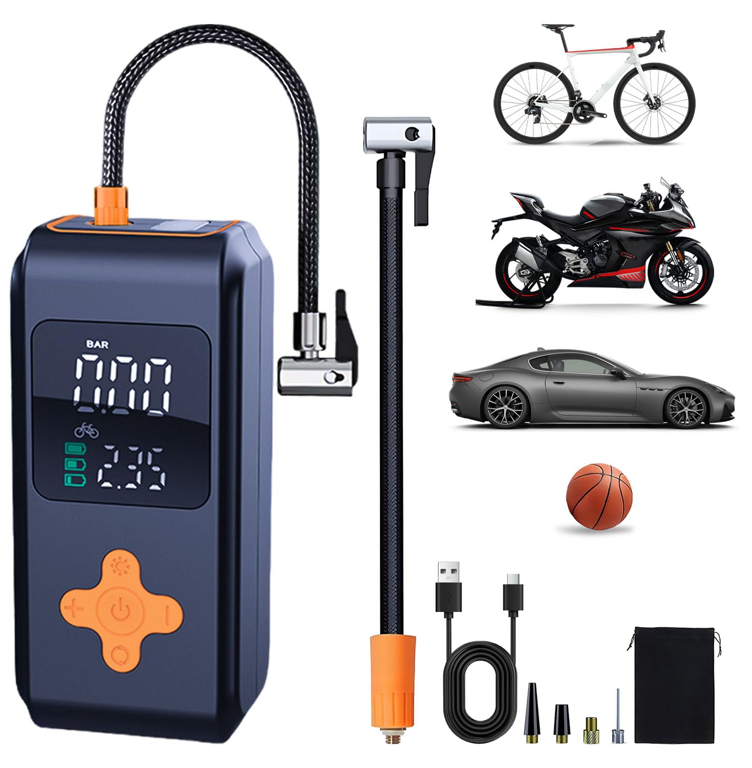 Gonfleur Pneus Voiture, Compresseur à Air Portatif 12 V CC, Compresseur Voiture De 150 psi et Lumière LED Numérique, Gonfleur Pneu Voiture a Electrique Rechargeable USB-C, pour Voiture, Vélo, Moto