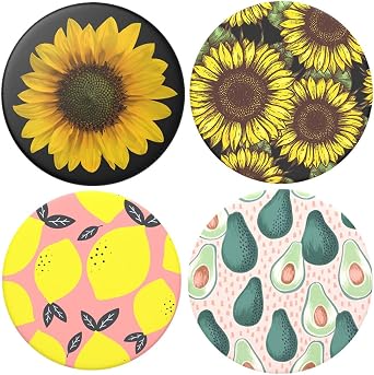 Universal Collapsible Phone Grip & Stand Holder - 360 Rotating Foldable Sticker Mount for iPhone Android Smartphones Tablets 4 Pack - White Black Pink Rose Gold Leopard Sunflower