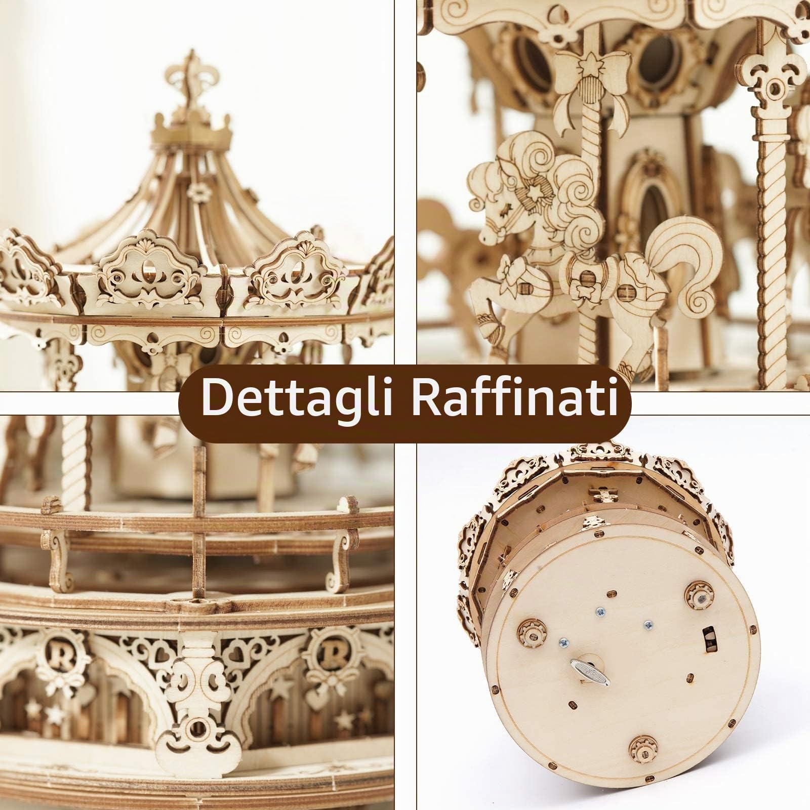 ROBOTIME Carosello in Legno Carillon Meccanico 3D Puzzle Kit Modello per Adulti, Regalo Fai da Te Laser