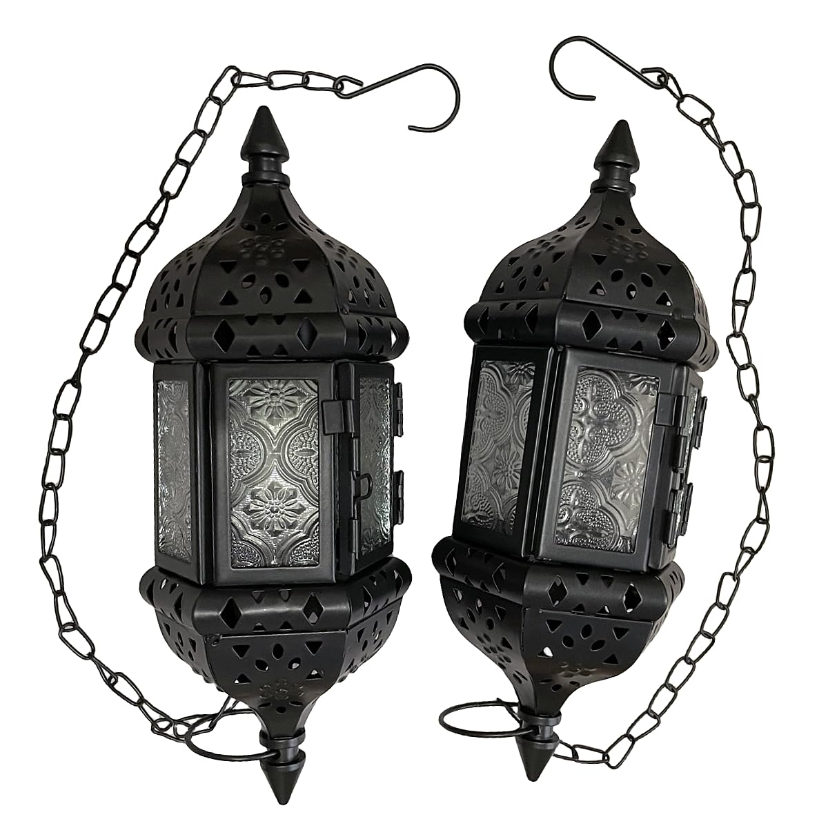 2PCS Moroccan Decorative Candle Lantern Metal Hanging Tealight Candlestick Holder Glass Indoor Outdoor LED Flameless Candle Holder 13.8 inches Chain (