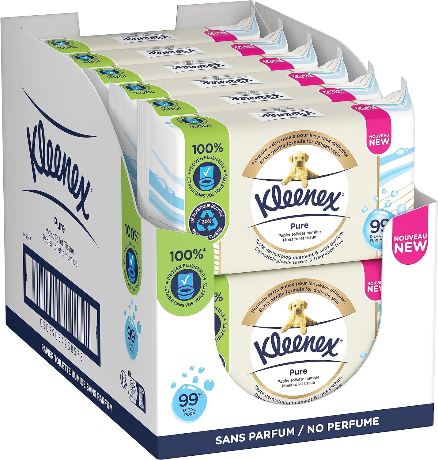 KLEENEX Pure - Papier Toilette Humide (12 paquets de 38 feuilles) - double épaisseur - jetable dans les toilettes - sans plastique - sans parfum - sans alcool - emballage recyclable