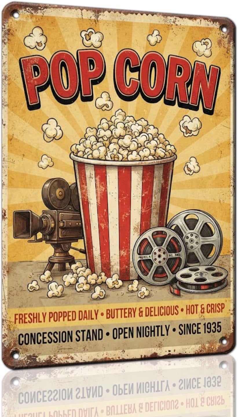 Vintage Metal Tin Sign Popcorn Bucket Movie Camera Film Reel Concession Theater Wall Plaque Weatherproof Decor Home Cinema Gift For Game Room Bar Garage Indoor Side Deck 12x8 Inch