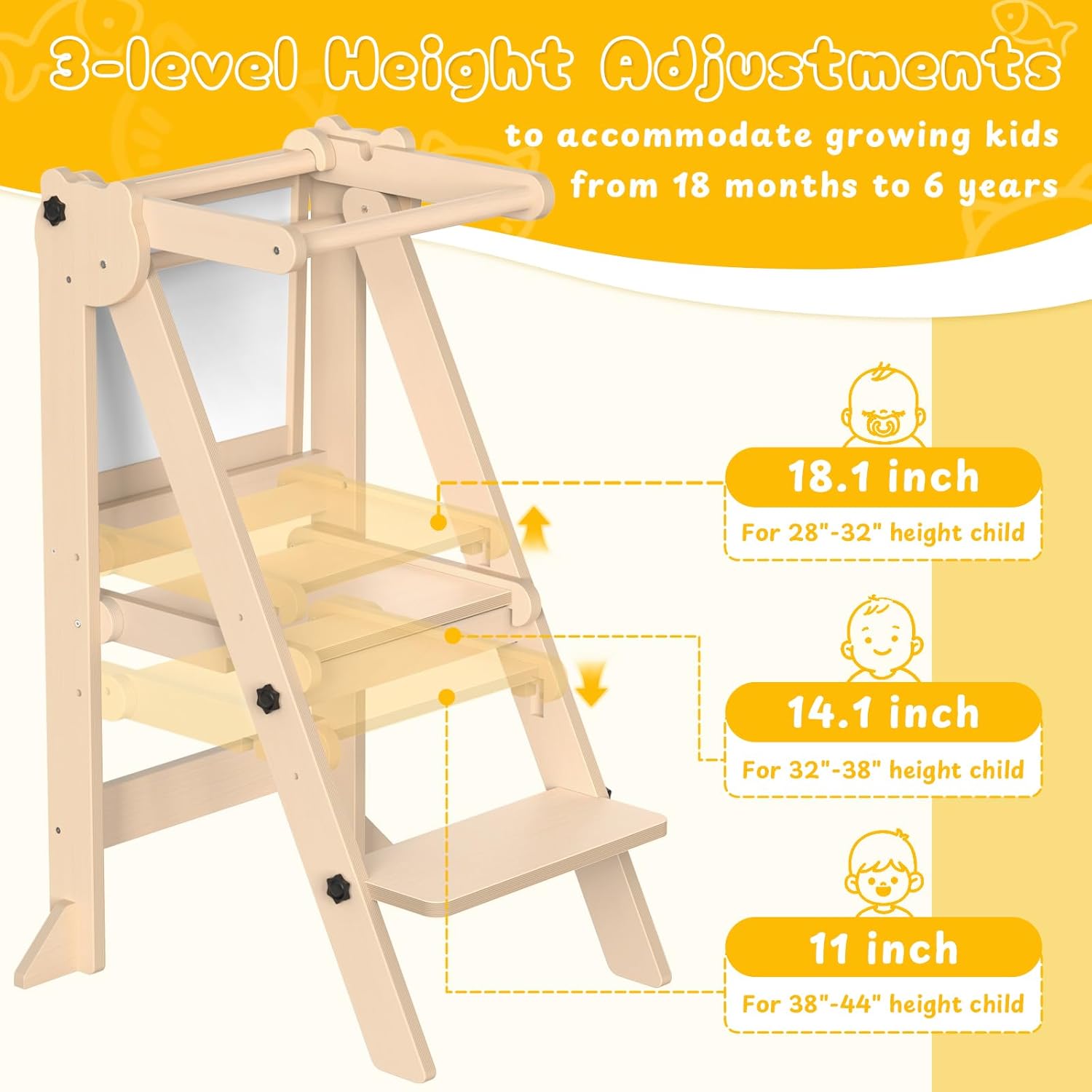 Foldable Toddler Tower, Wooden Toddler Kitchen Stool Helper with 3 Adjustable Heights and Removable White/Blackboard, Montessori Foldable Learning Tower Kitchen Stool Helper, Natural Wood