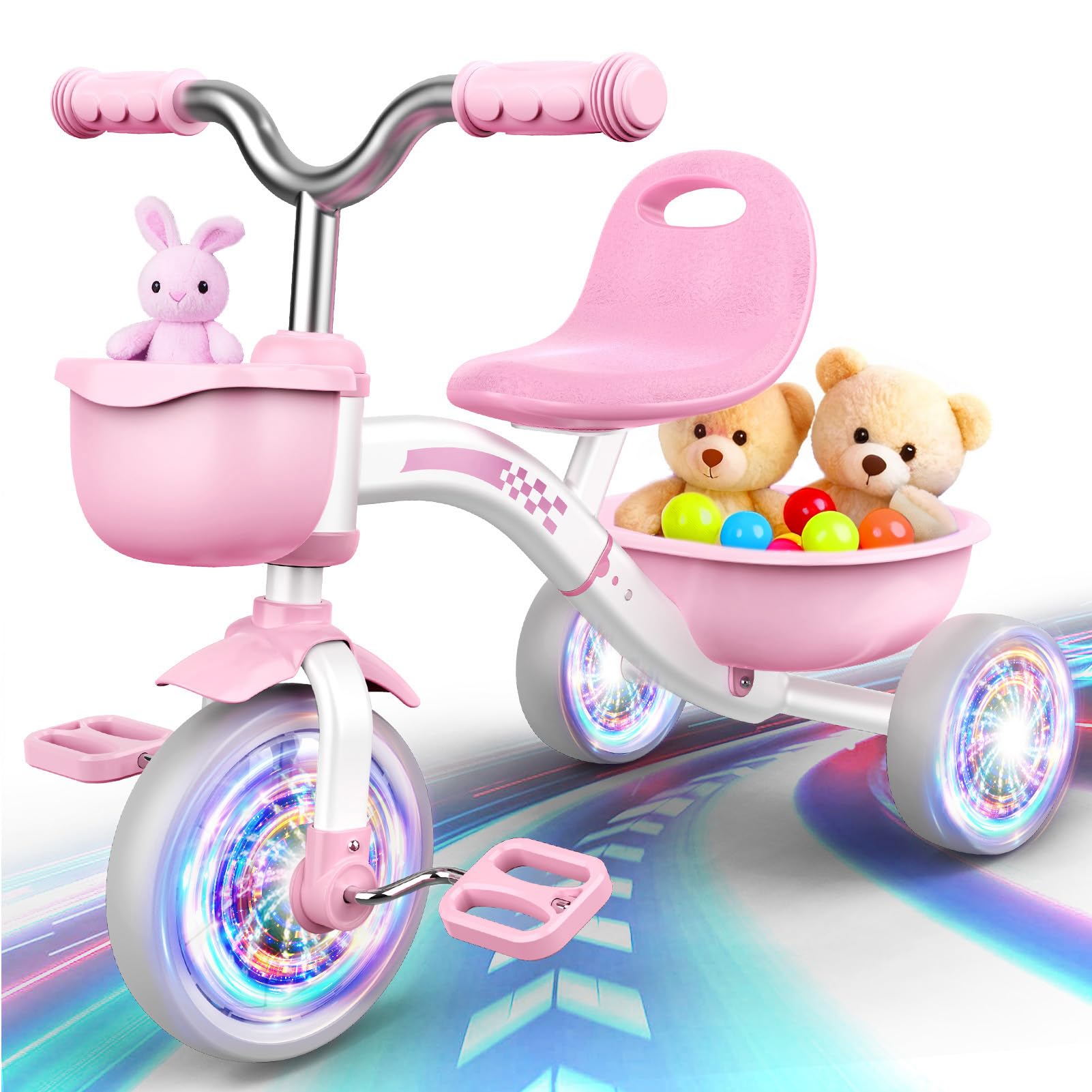Braxel Triciclo para Niños de 2 a 5 Años, Triciclo Evolutivo con Asiento Ajustable Luces Geniales para Niño y Niña de 1 a 4 Años Carga 35 kg, Rosa