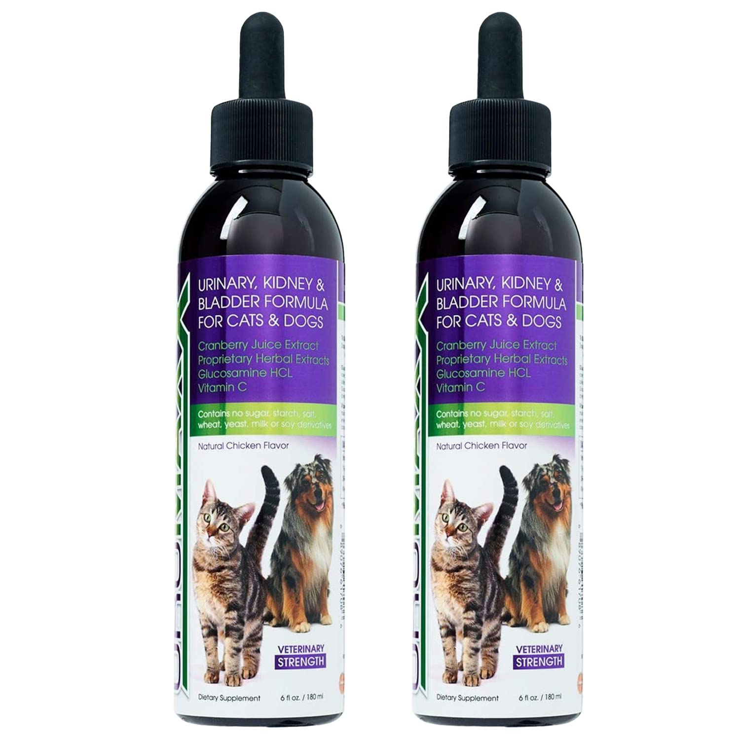 Cat & Dog Urinary Tract Treatment, Bladder & Kidney Support for Dogs and Cats, Powerful Yet Gentle Pet Care, with Liquid Cranberry & Glucosamine, Chicken Flavor, 6 oz Bottle, 2 Pack