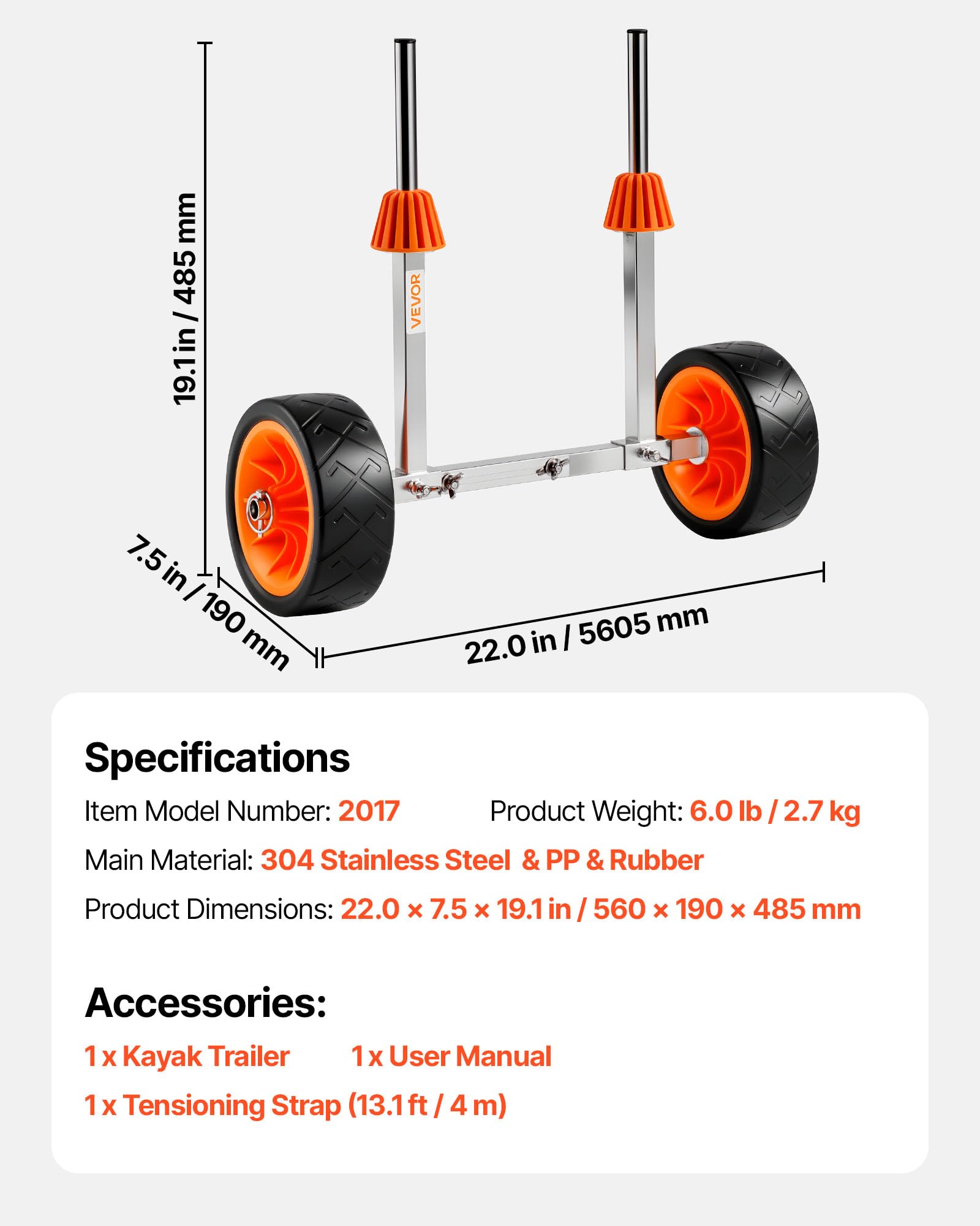 VEVOR Remolque Vertical para Kayak, Remolque de Kayak 560 x 190 x 485 mm con Neumáticos de Goma Maciza de 19,1 cm y Correa de Amarre, Carga de 113,4 kg, Carrito para Tabla de Surf de Remo, Canoas