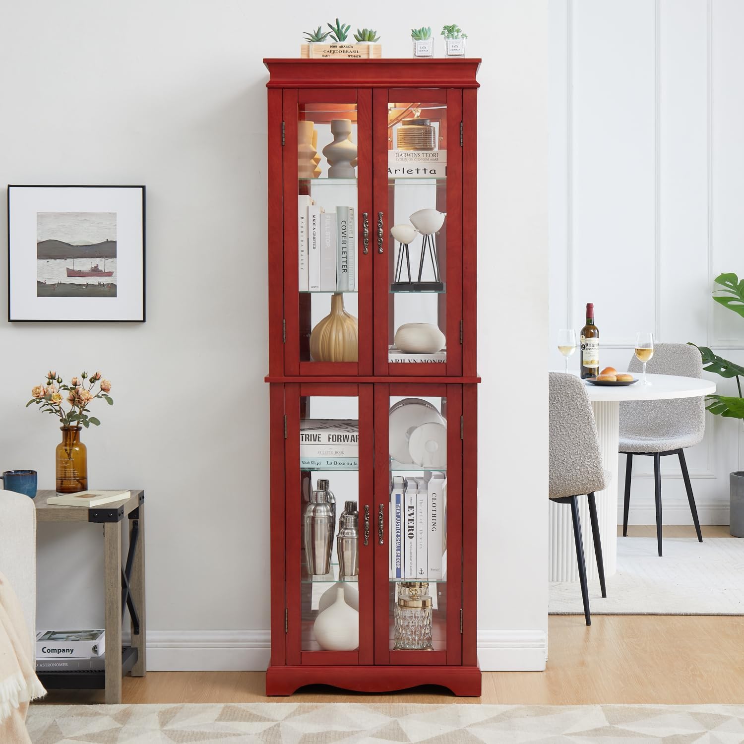 Lighted Glass Curio Display Cabinet with Wood Frame - Elegant Storage for Wine, Toys & Collectibles - Cherry Finish