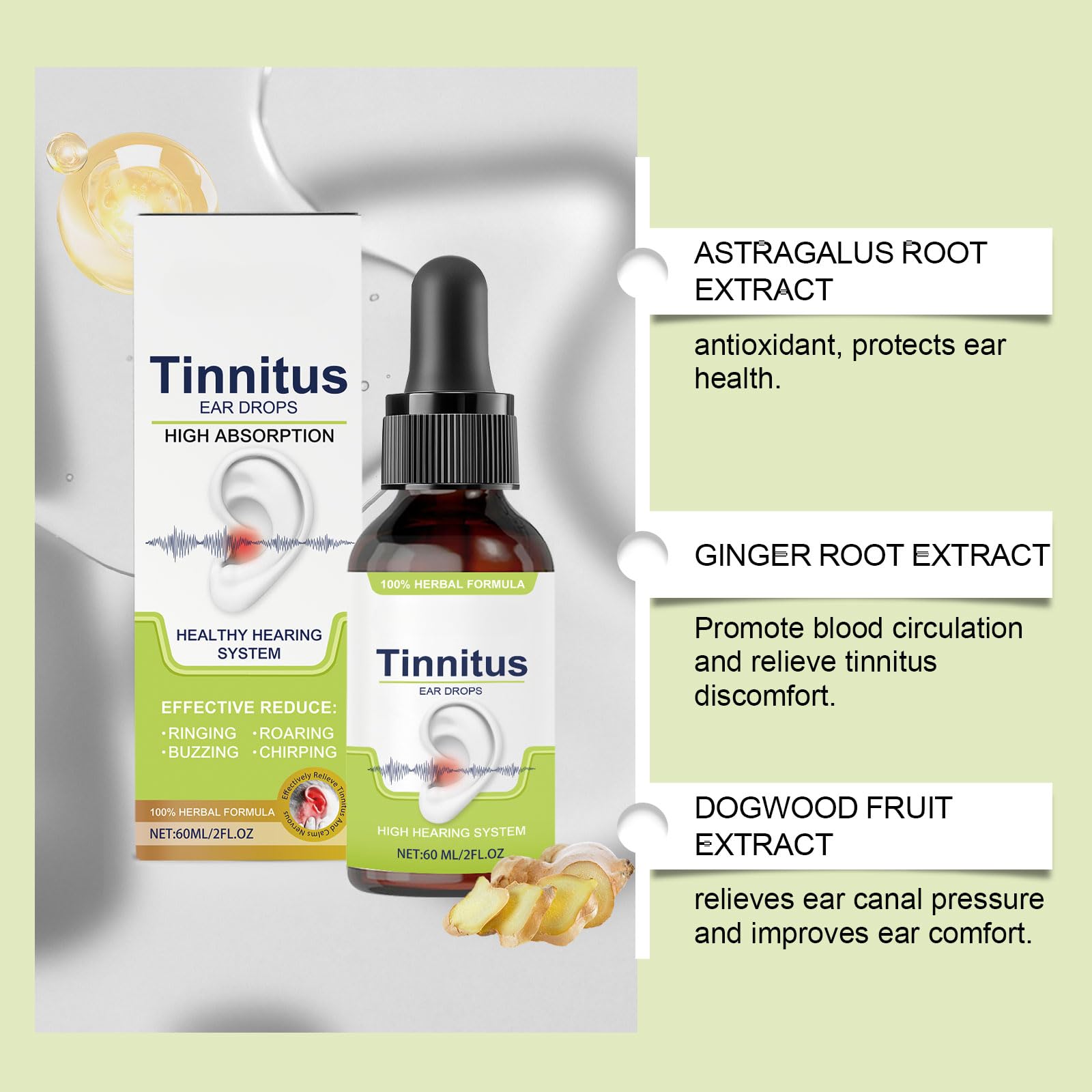 Tinnitus Relief for Ringing Ears - Ear Drops to Reduce Noise, Soothe Clogged Ears and Promote Clear Hearing, Gentle Formula（60ML/2FL.OZ) — view 4