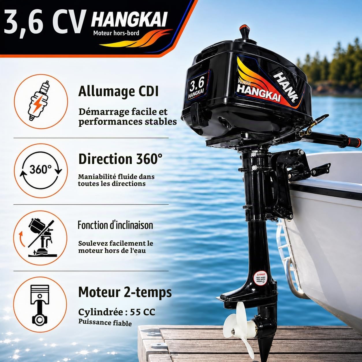 Bateau hors-bord 90 cm, bateau gonflable avec moteur, moteur de bateau de pêche, moteur de bateau à 2 temps pour kayak, canoë et petits véhicules nautiques, noir, nylon et aluminium, pour loisirs et