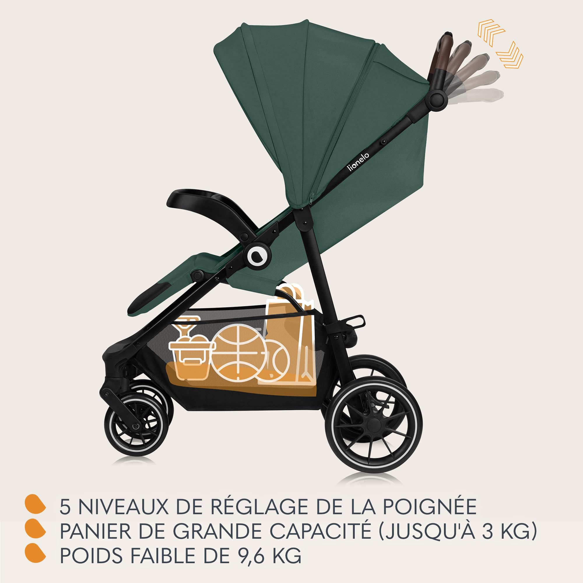 LIONELO EMMA ONE Poussette Canne jusqu'à 22 kg de 6 mois à 4 ans Roues Pivotantes 360° Absorption Totale des Chocs Pliage à Une Main Dossier et Repose-Pieds Auvent Ajustable XXL UPF50+ (Green)