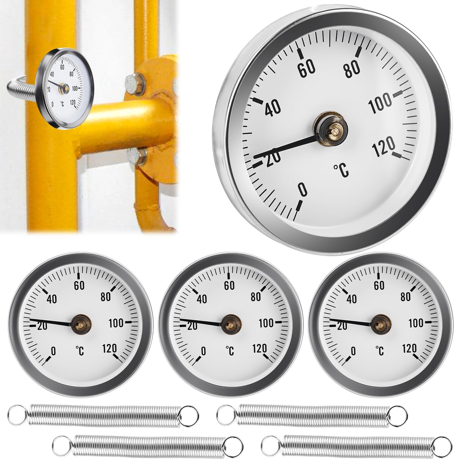 GOMETY Lot de 4 thermomètres de pose pour tuyau de chauffage - Bimétal - Thermomètre industriel - 0-120 °C - 63 mm - Pour installations de chauffage et chaudières - Affichage de la température