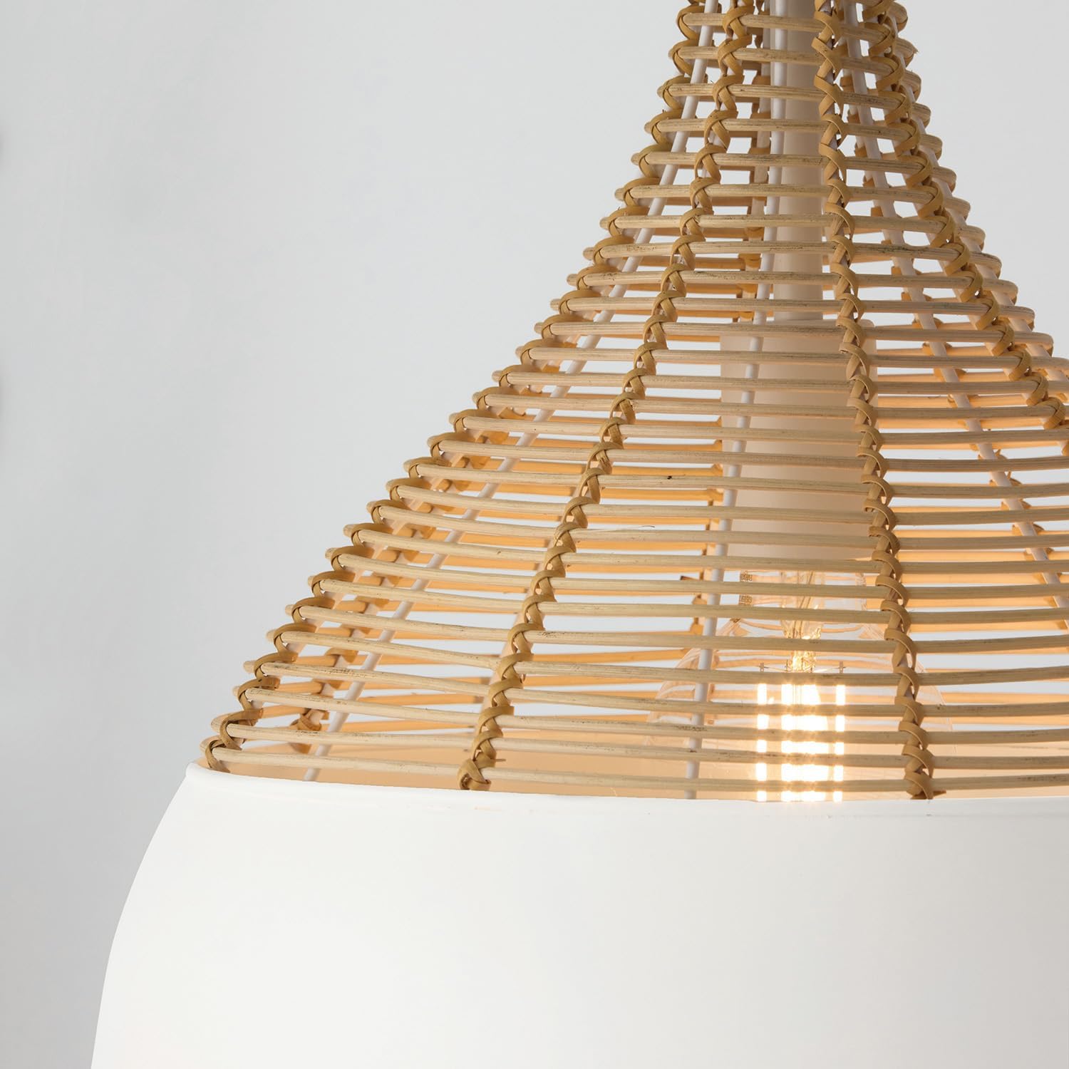 Capital Lighting 353911WE Kali Modern Hand-Wrapped Natural Rattan with Metal Conical Pendant Ceiling Light, 1-Light 100 Watt, 14" H x 14" W, Matte White