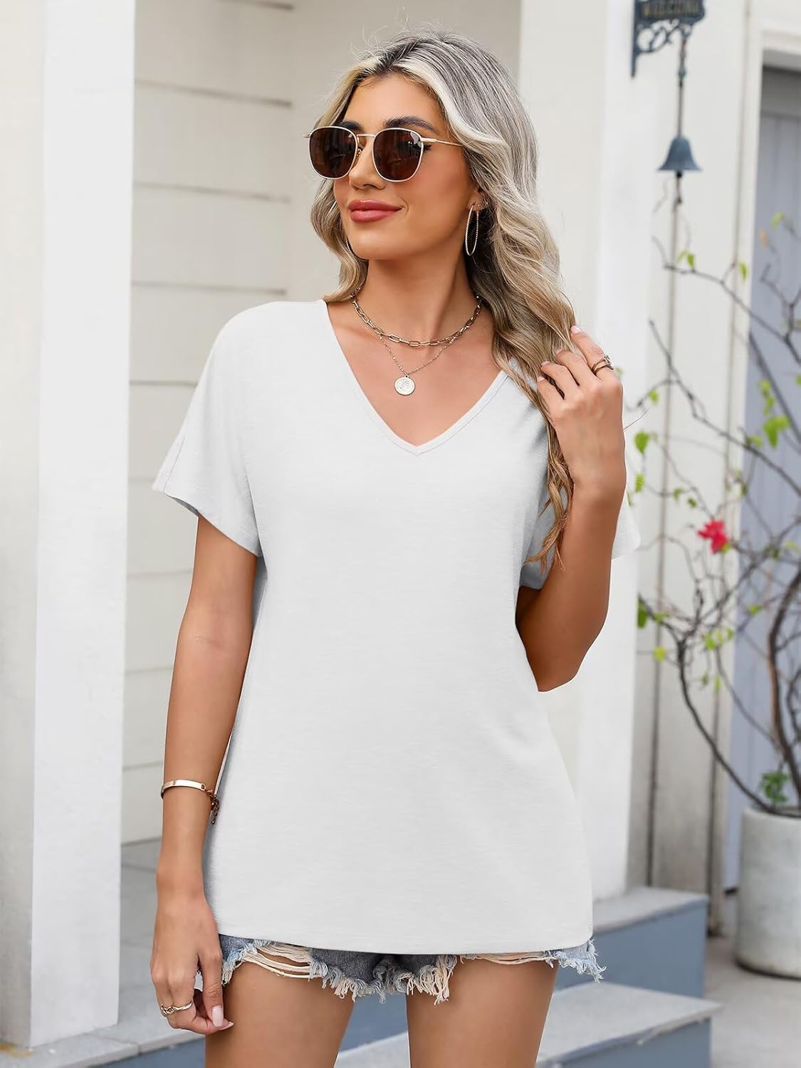 EADINVE Women's V Neck Short Sleeve T Shirts Summer Trendy Dressy Casual Tees Basic Loose Fit Tops 2026 - Image 4