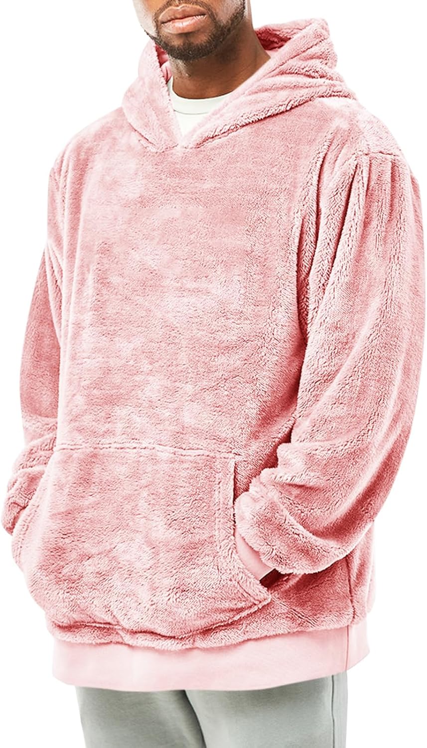 Runcati Mens Fuzzy Sherpa Pullover Hoodie Sweatshirts Long Sleeve Kangaroo Pocket Winter Fall Outwear Hooded