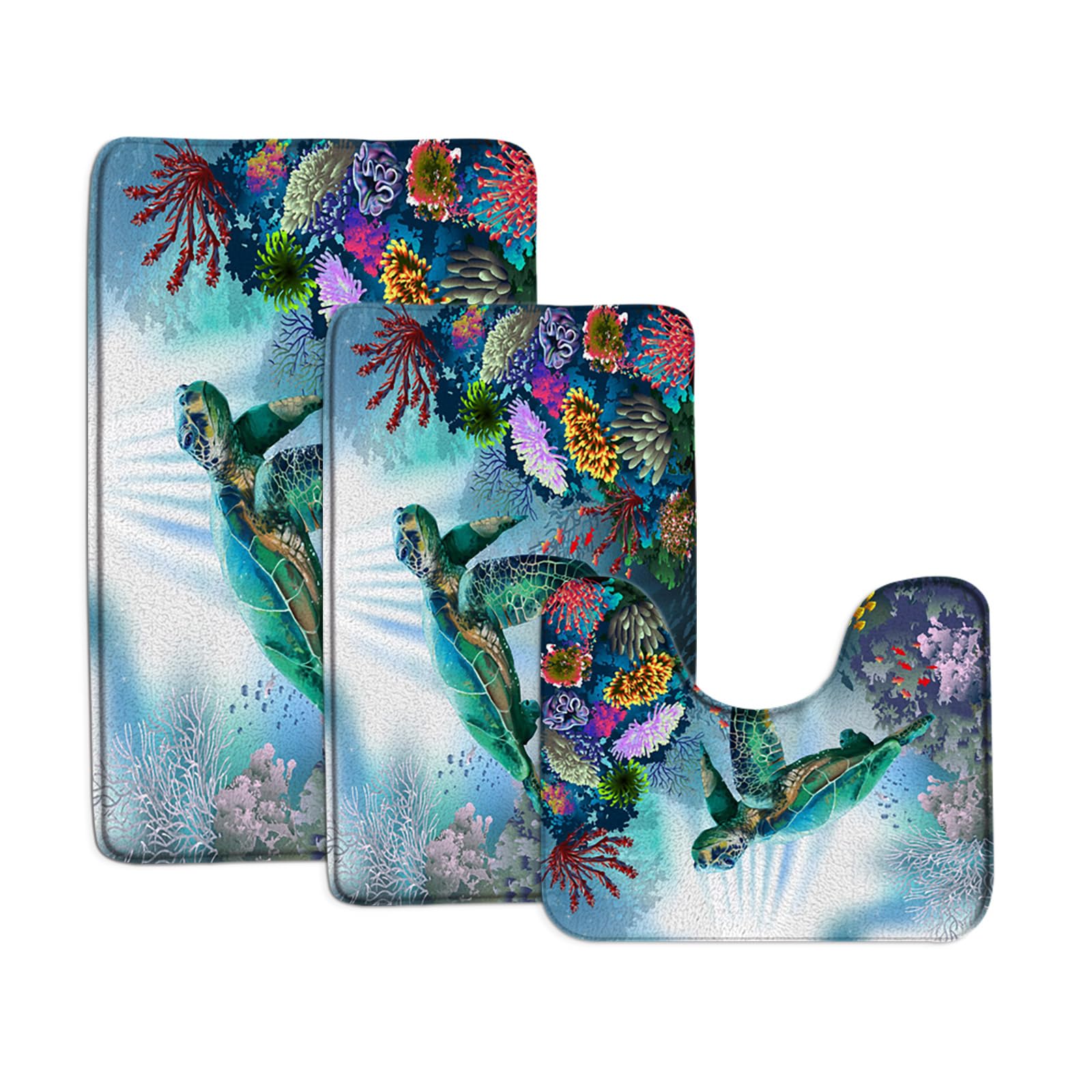 ZKJSMGS Ocean Turtle 3 Piece Bathroom Rug Sets,Sea Animal Coral Seaweed Underwater Tropical Fish Biological Marine Life Blue 16"x24" and 18"x30" Bath