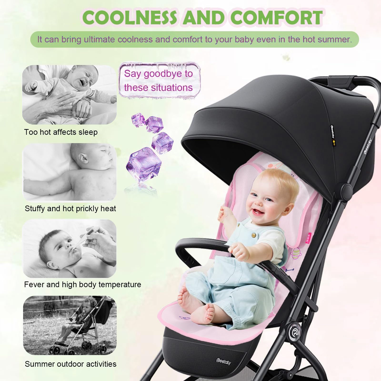 Sitzauflage Kinderwagen Sommer Kinderwagen, 5 Punkt Gurt Kühlkissen Weiche Atmungsaktive, 3 Stück Kühler, Kissen Schulterpolster, Kopfkissenkinder, Mit Niedlichen Tieren (Hase)