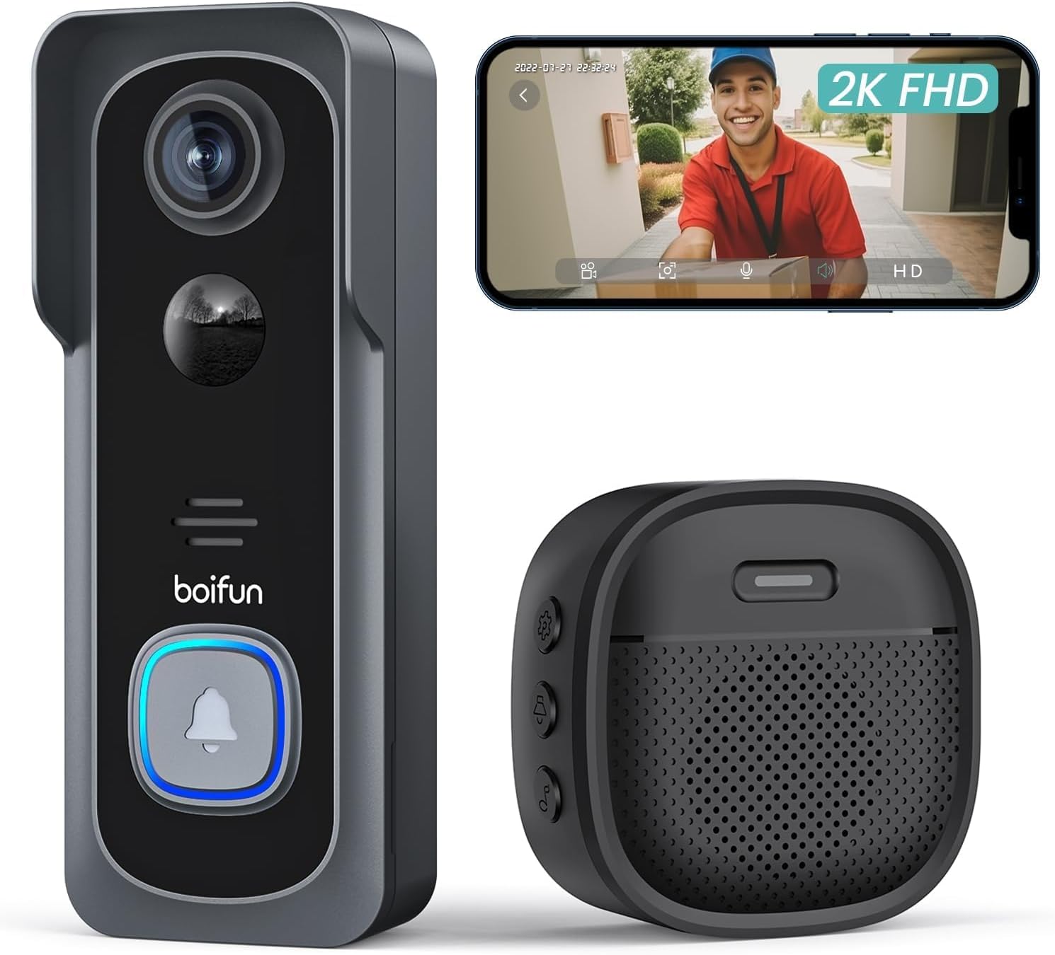 BOIFUN Video Doorbell Camera Wireless – No Subscription Required, 2K HD, 166° Wide View, HDR Night Vision, Motion Alerts, Two‑Way Audio & Battery Video Doorbell with Chime, 2.4 GHz Wi‑Fi Only
