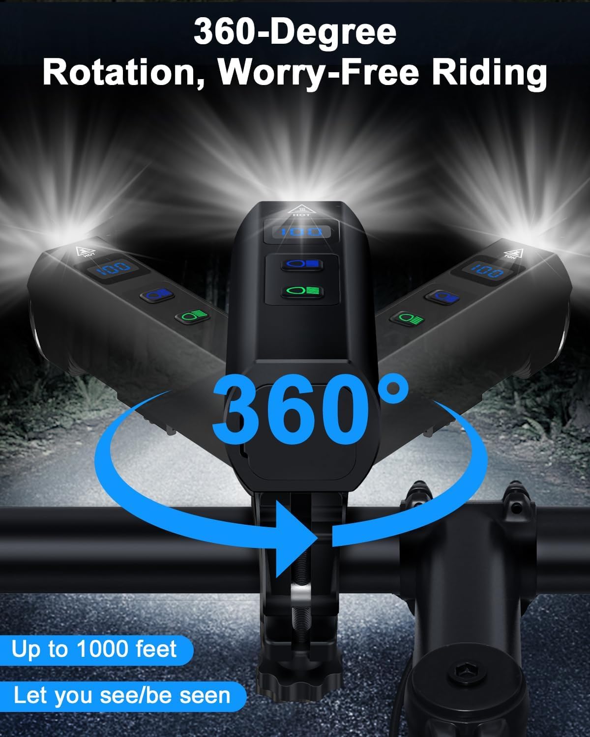 Luci anteriori da 1200 lumen per guida notturna, 5+5+3 modelli e display di potenza a LED, faro per bicicletta ruotabile a 360° con abbaglianti anabbaglianti, 5000 mAh, ricaricabile e