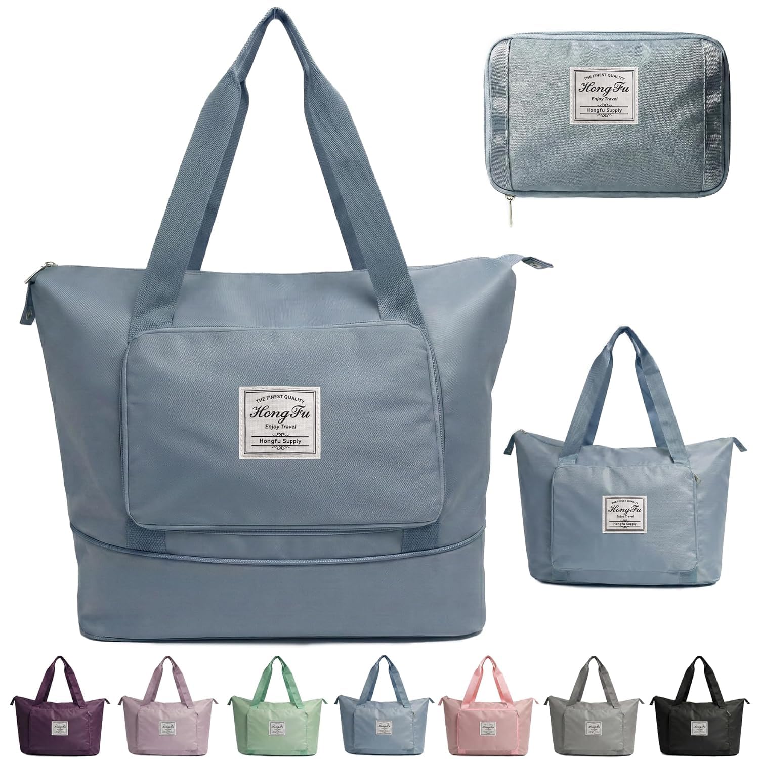 Expandable Travel Duffle Bag for Women, Foldable Waterproof Weekender Bag with Bottom Shoe Compartment, Lightweight Carry-On Luggage Tote, Large Capacity Overnight Gym Bag, Gray-picture-34