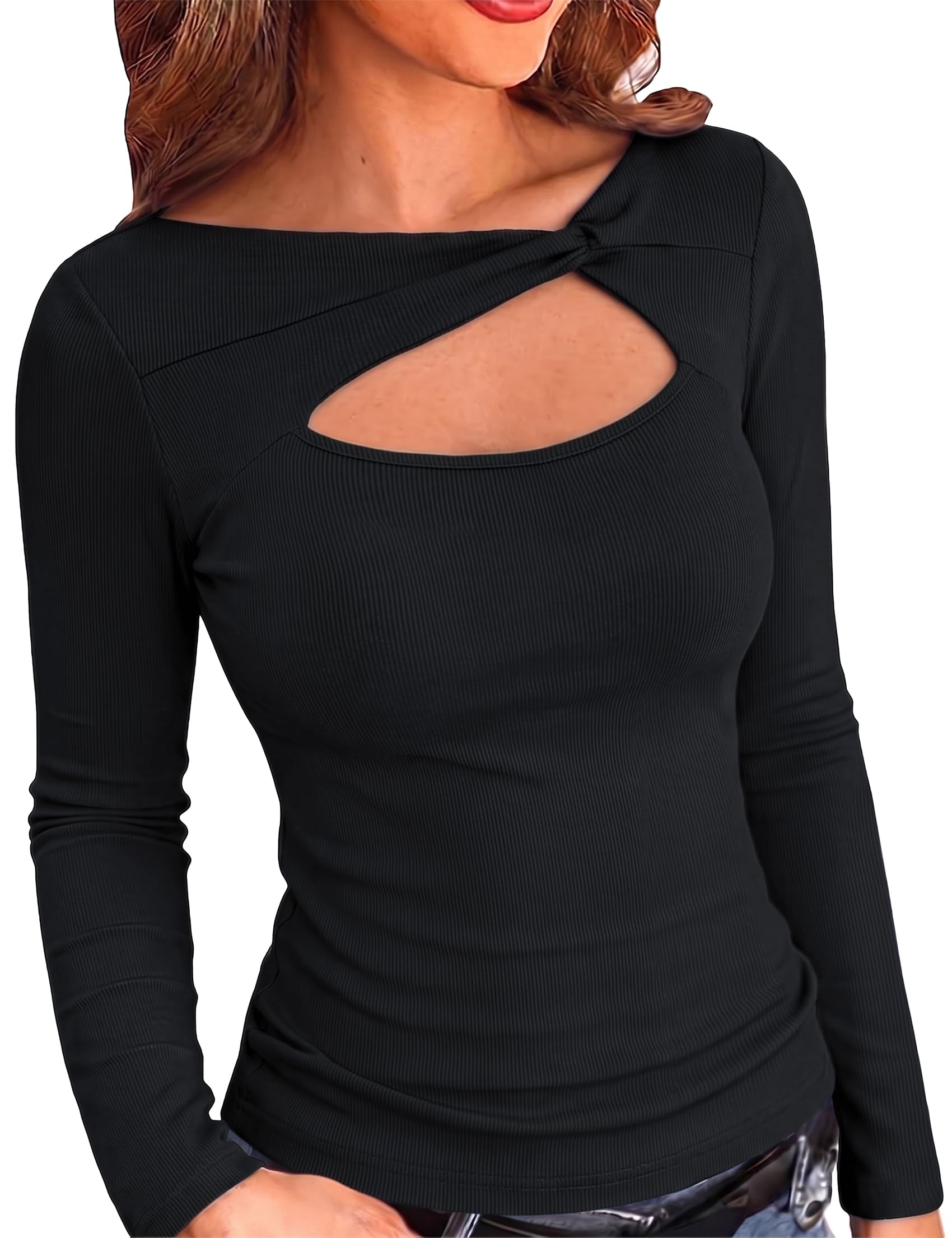 Terecey Damen Langarmshirt Gerippt Longsleeve Shirt Slim Fit Elegant S-XXL | Twist Ausschnitt Design, Cut Out Detail, Baumwolle Stretch Gefühl, Weicher Griff, Für Frühling Herbst und Winter
