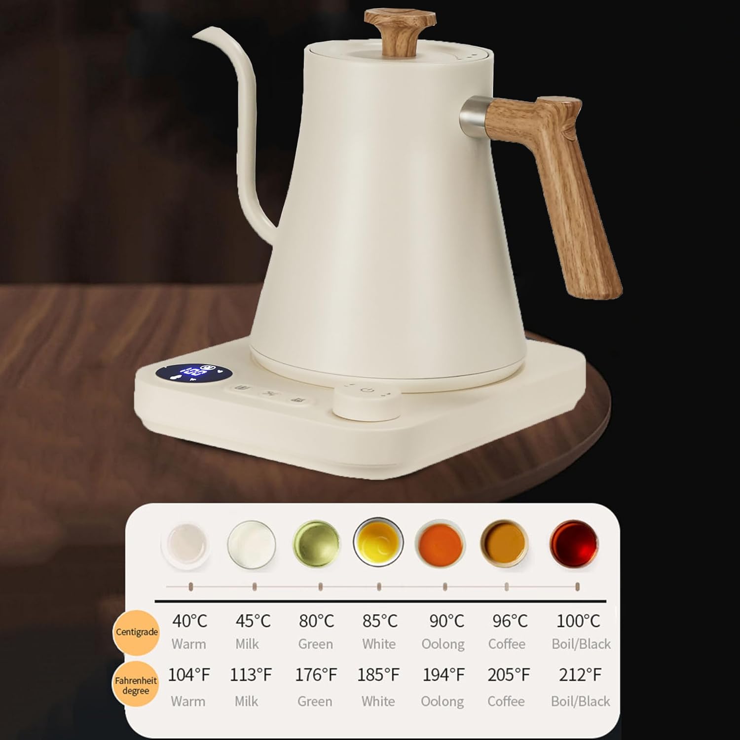 Xrrxy White, Stainless Steel Inner & Bottom Electric Gooseneck Kettle, ±1℉ Temperature Control, Hot Water Boiler, Brew Tea, Boil Hot Water, 1200W/0.9L