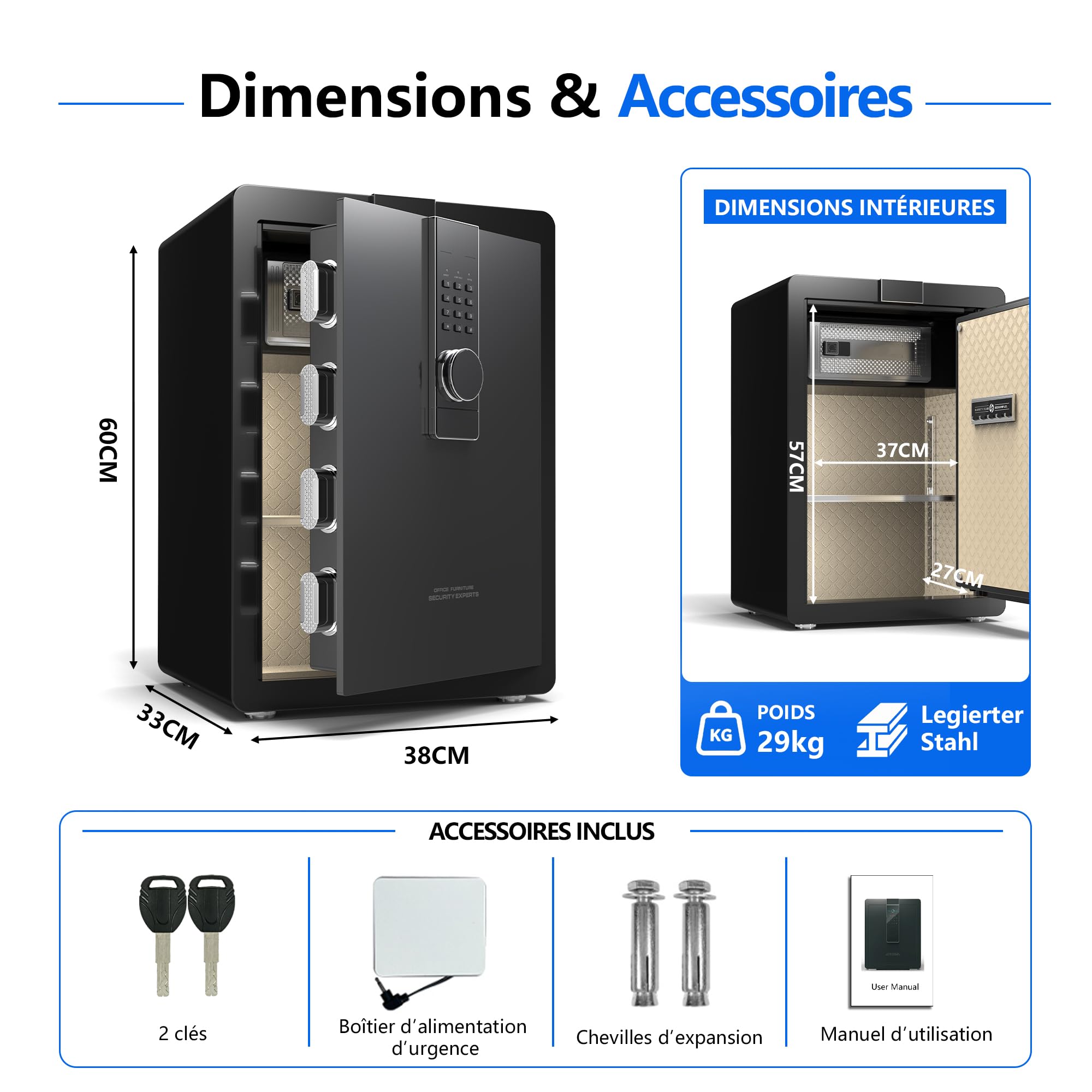 29KG Lourd Coffre Fort en Acier, 82L Coffre-fort Électronique avec Digitale Code et Clé, pour Maison et Bureau, Idéal pour Bijoux, Argent et Documents A4, Notice en Français (Blanc,82L)