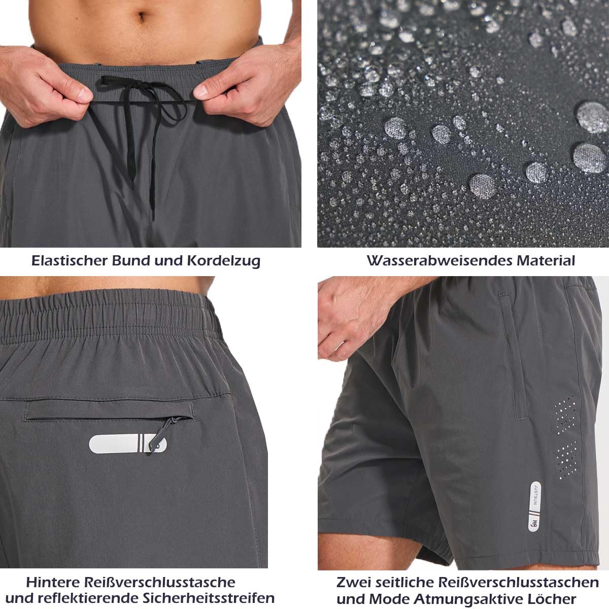 JustSun Shorts Herren Sport Schnelltrocknend Leichte Atmungsaktiv mit Reissverschluss