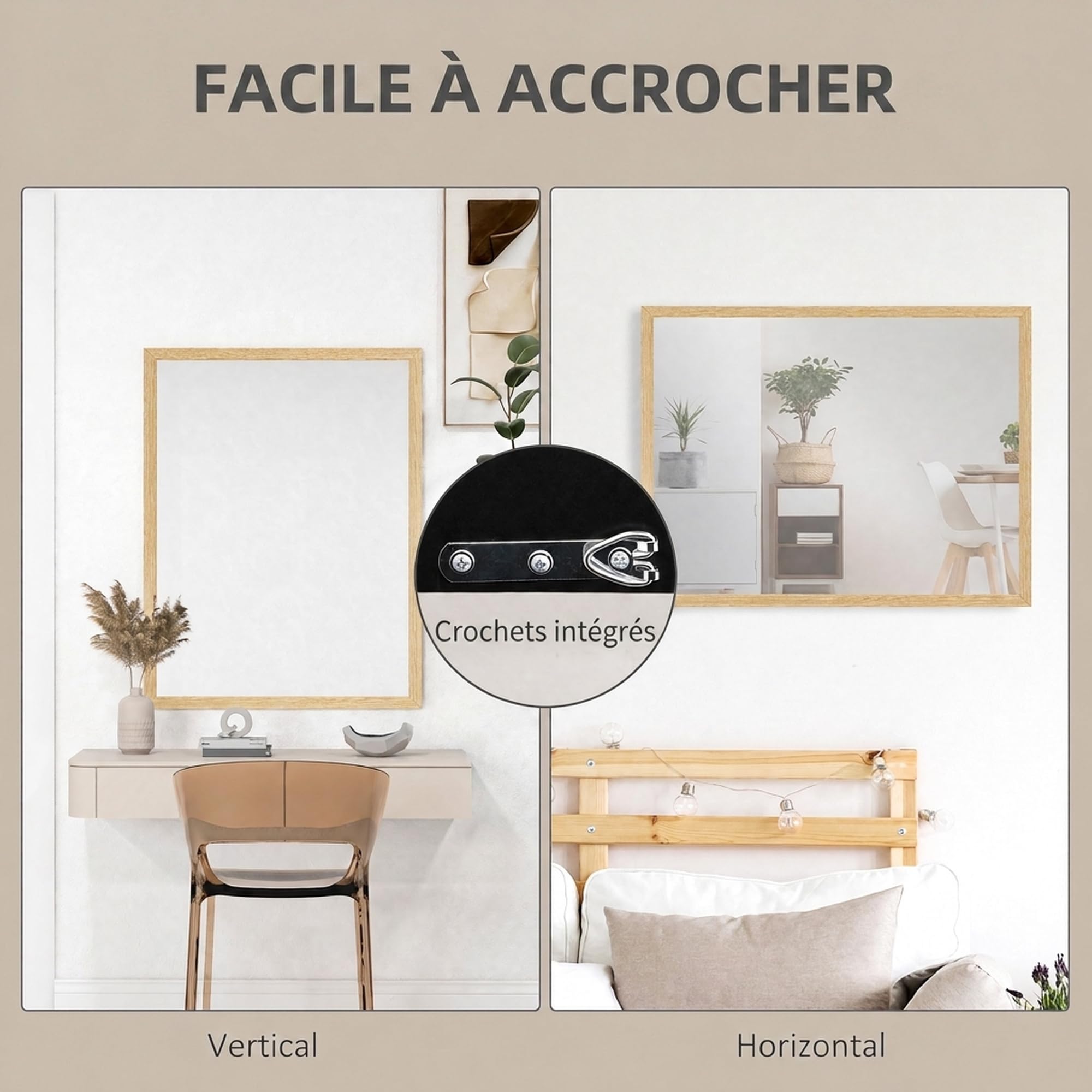 HOMCOM Specchio da parete rettangolare 90x70cm Cornice in legno naturale