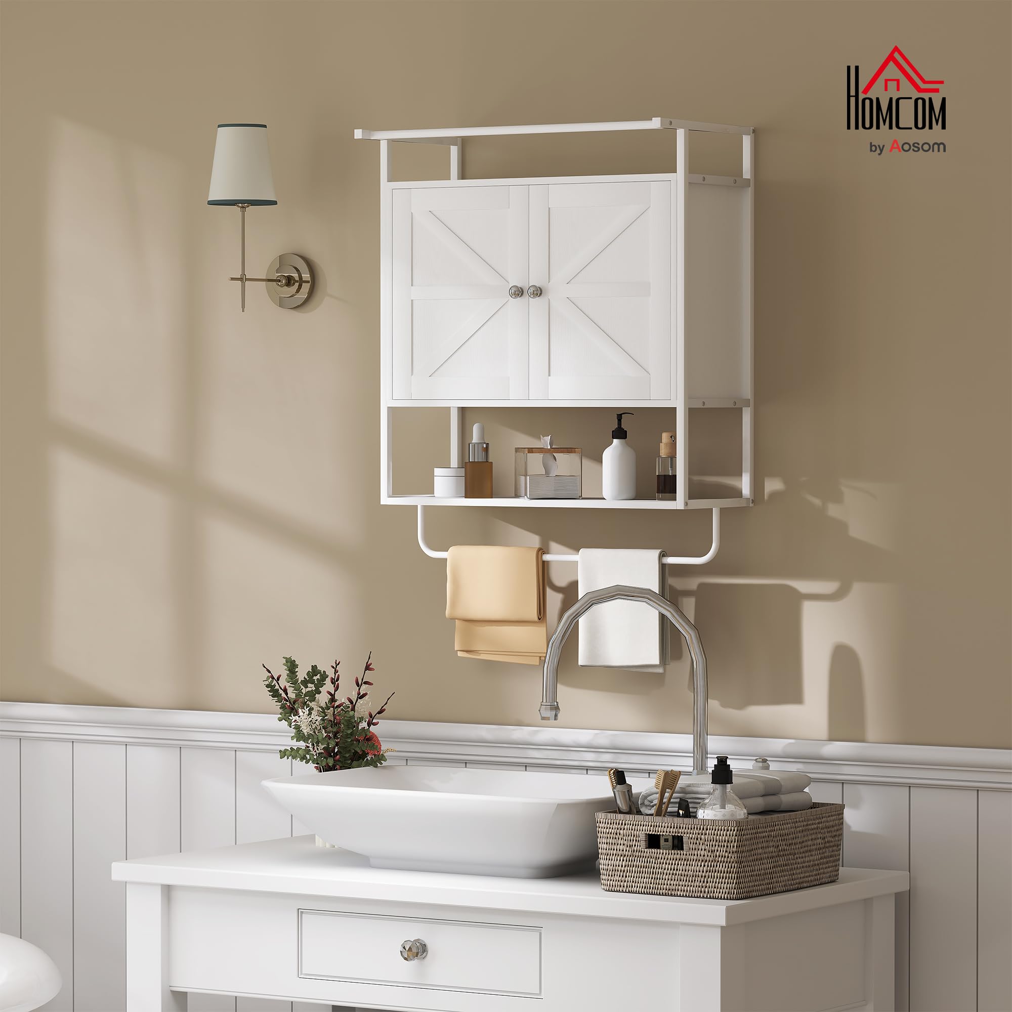 HOMCOM Armario de Pared para Baño Multiusos Armario Colgante de Almacenamiento Mueble de Baño Suspendido con Estante Toallero 2 Puertas 63x34x75 cm Blanco
