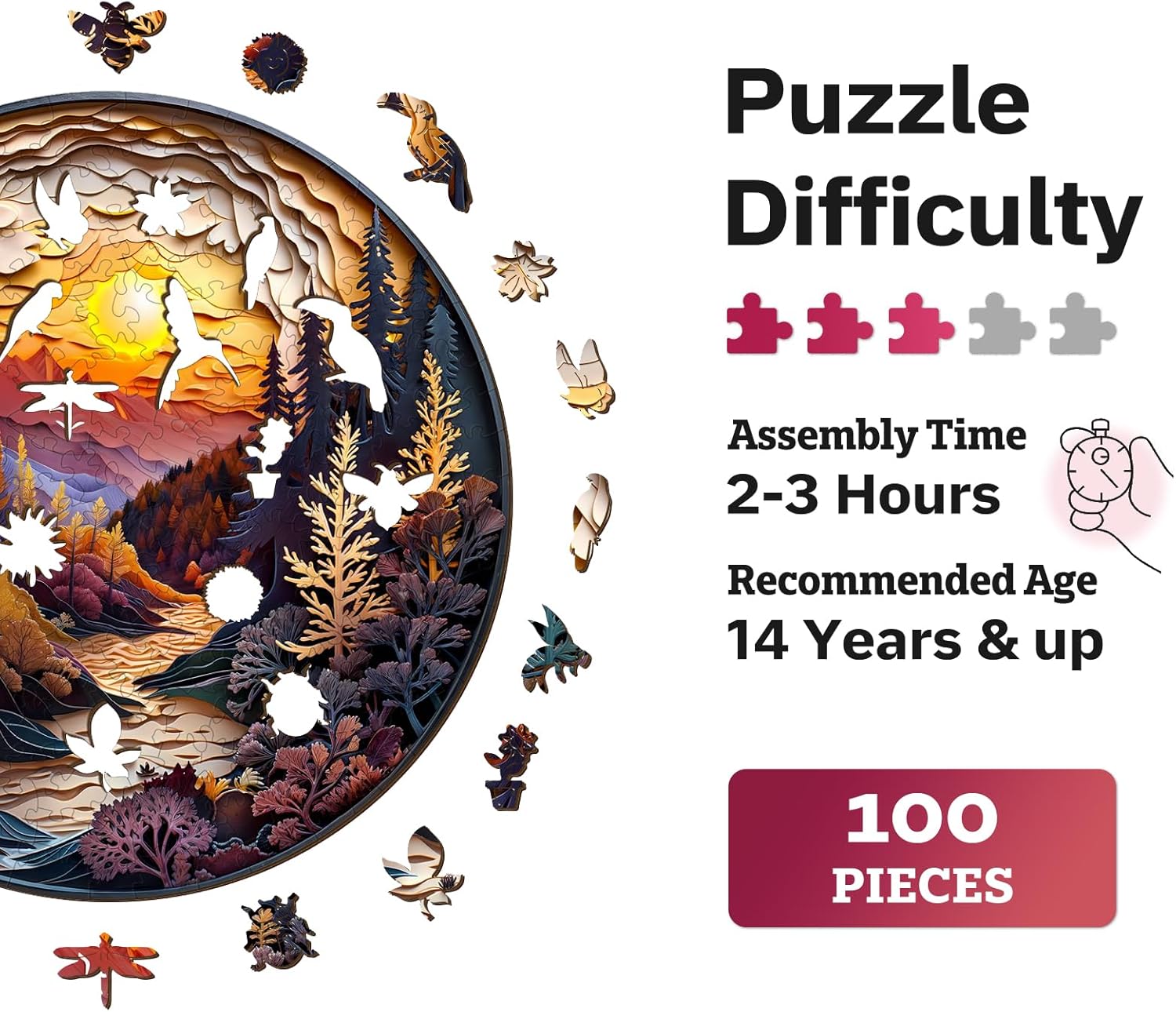 Jigfoxy Wooden Puzzles for Adults, Visual 3D Sunset Forest Wood Puzzles Adult, Unique Animal-Shaped Wooden Jigsaw Puzzles, Christmas Thanksgiving Gifts for Family and Friends (S-8.5 * 8.5in-100pcs)