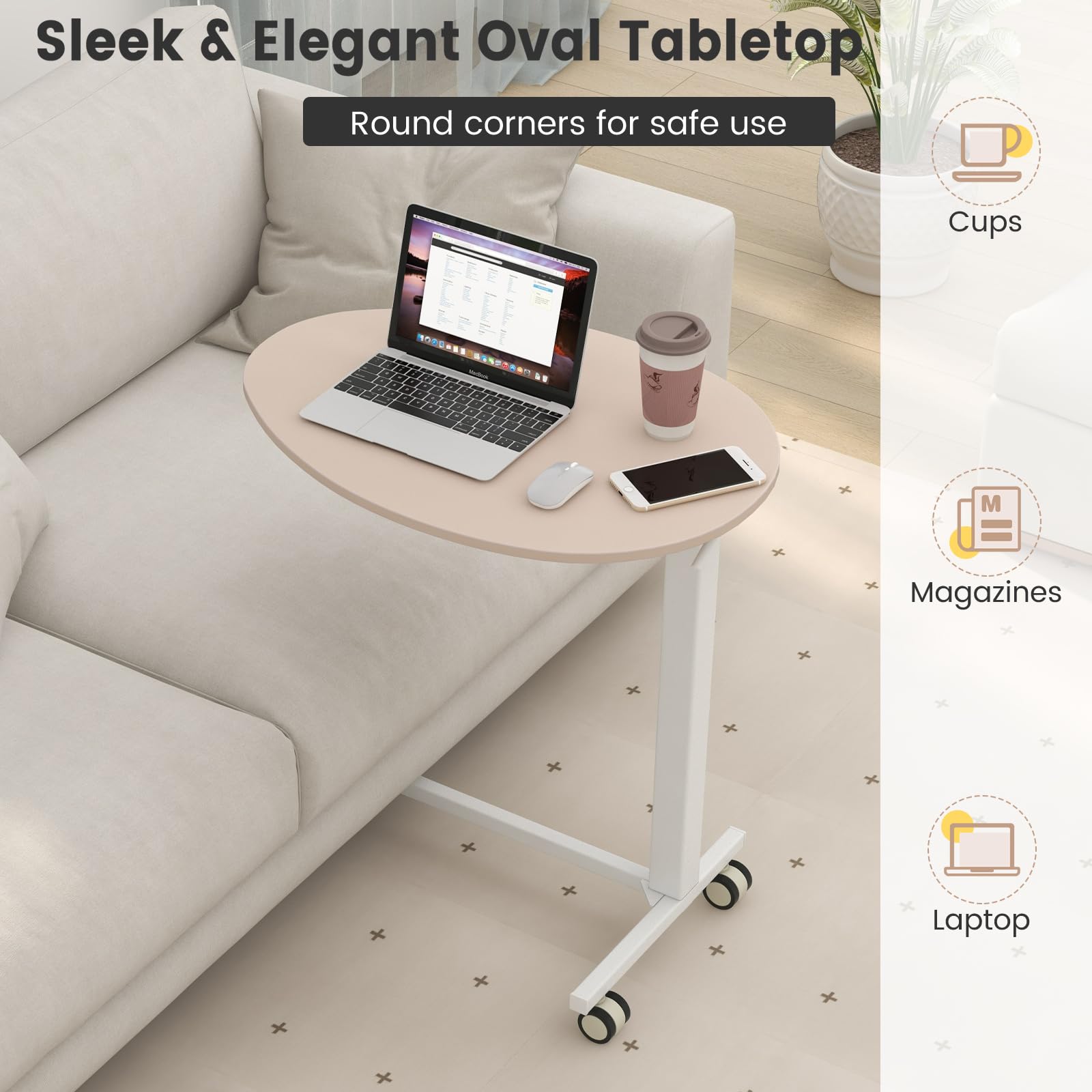 LIFEZEAL Mesa en Forma de C, Mesa Auxiliar Regulable con Palanca neumática, Altura Ajustable 74-108 cm, Mesa Lateral con 4 Ruedas para salón, Cocina, Comedor, MAX 75 kg