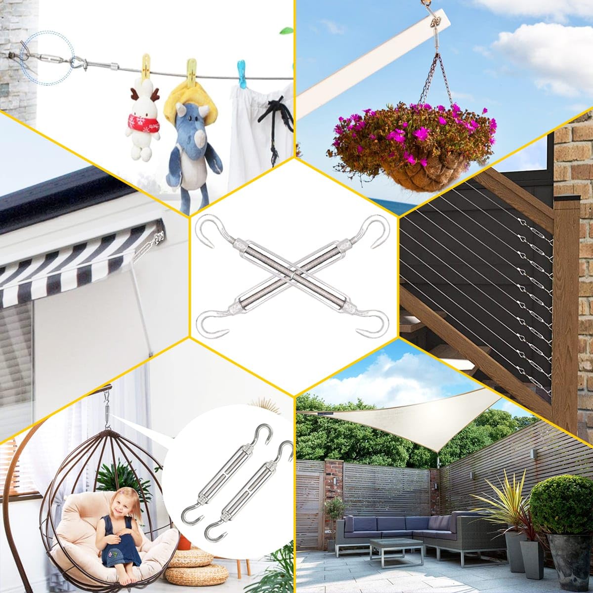 Turnbuckle 10pcs 304 Stainless Steel Turnbuckle Hook and Hook Heavy Duty Tensioner Adjustable Shade Sail Hardware for Tightening up Metal Cable Wire 5/32 1/4 5/16 3/8 1/2"