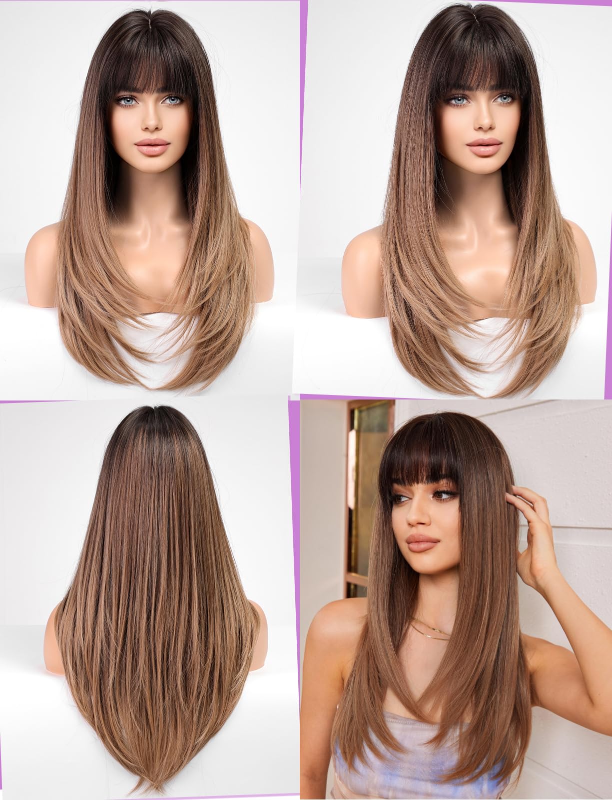 WOKESTAR Brown Wigs for Women Layered Straight Long Wig with Fringe, Ombre Brown, 25 inch - Image 4