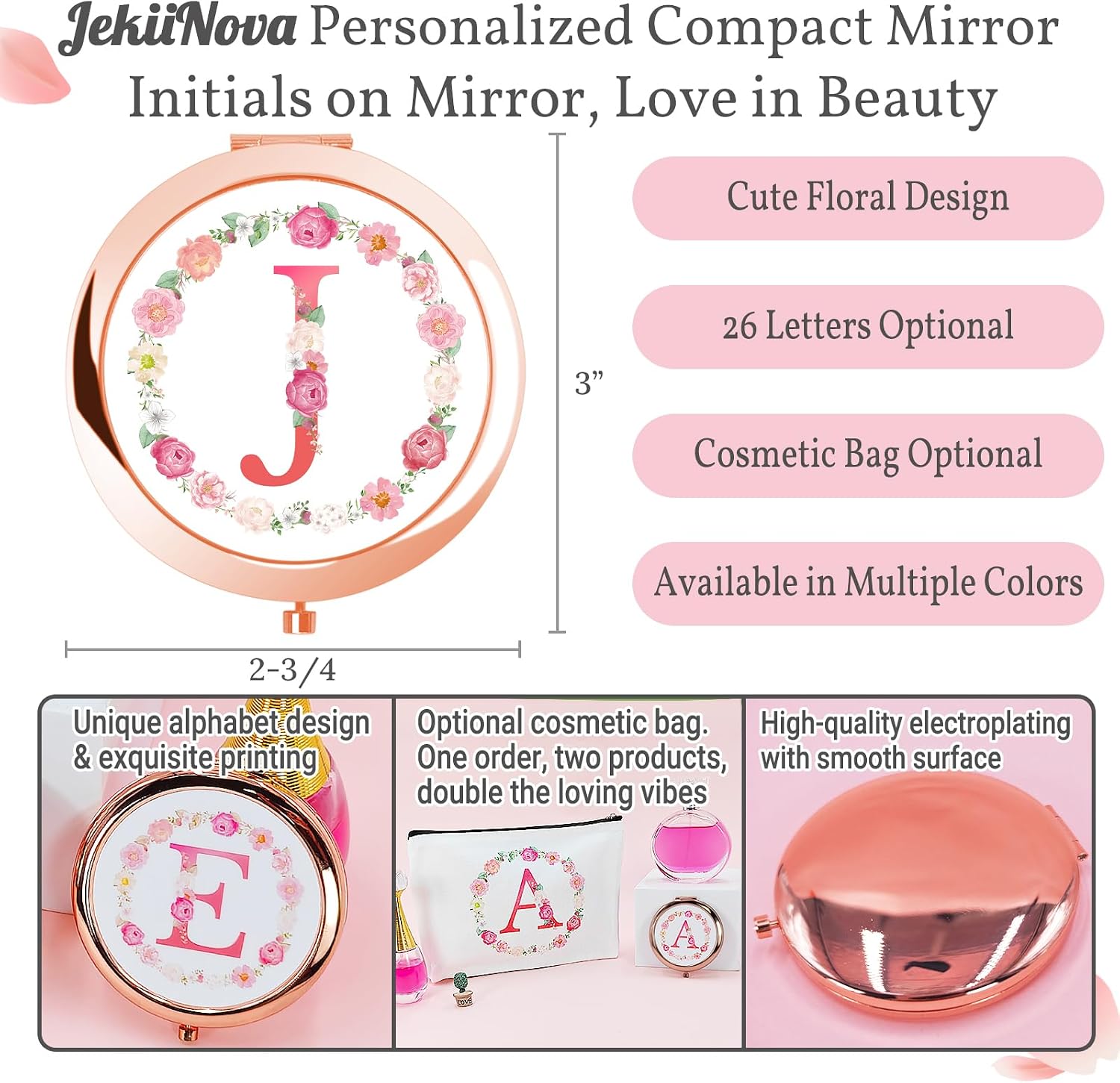 jekiinova Floral Initial Compact Mirror with Makeup Bag Set, Personalized Gift for Women Sister Daughter Granddaughter Bridesmaids Mom Wife Monogram Alphabet Ideal Gift on Birthday, Christmas