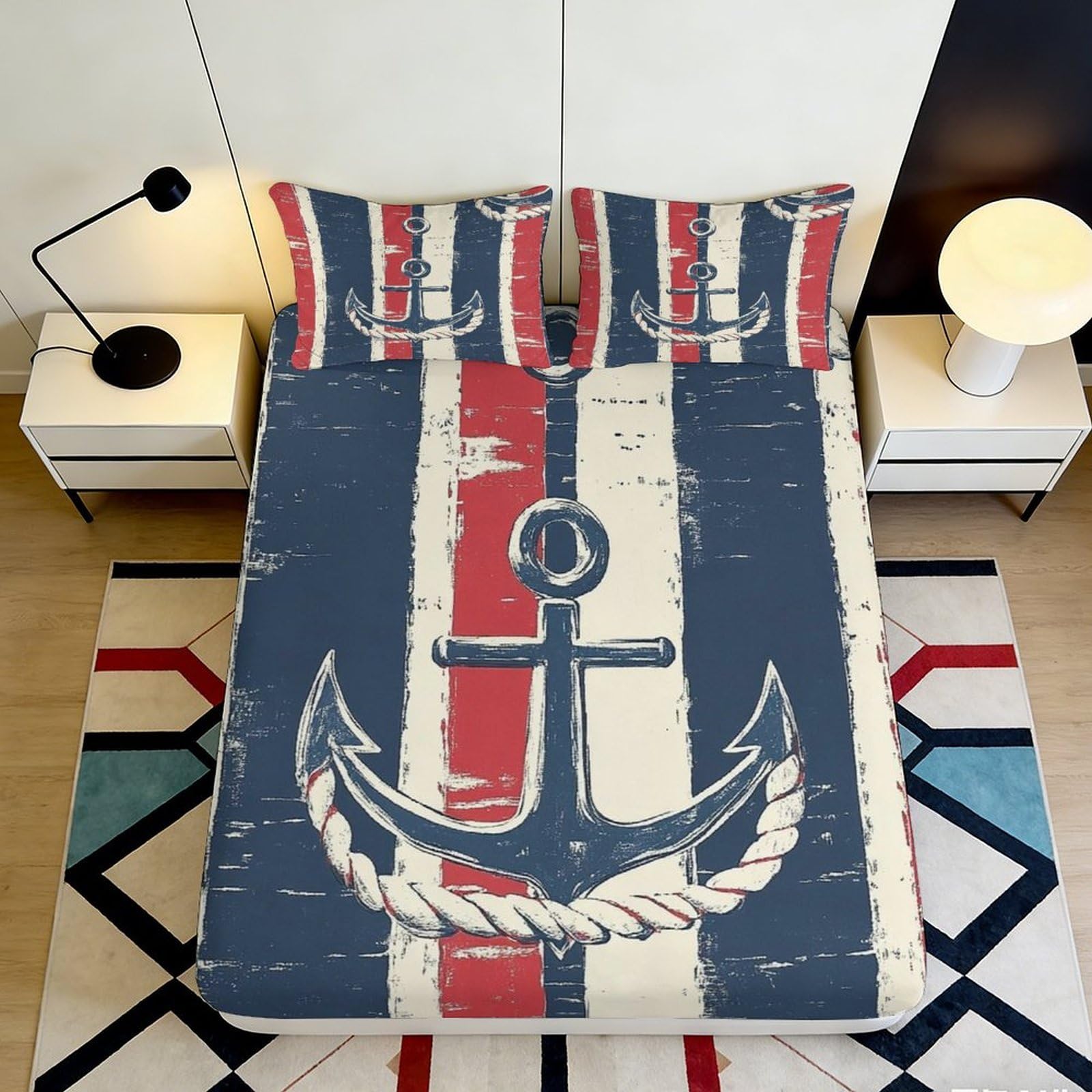 3D Printed Nautical Fitted Sheet Microfiber Deep Pocket Non-Slip Anchor Theme Mattress Fitted Cover Washable Bedding 200x200x25cm 90x200x25cm