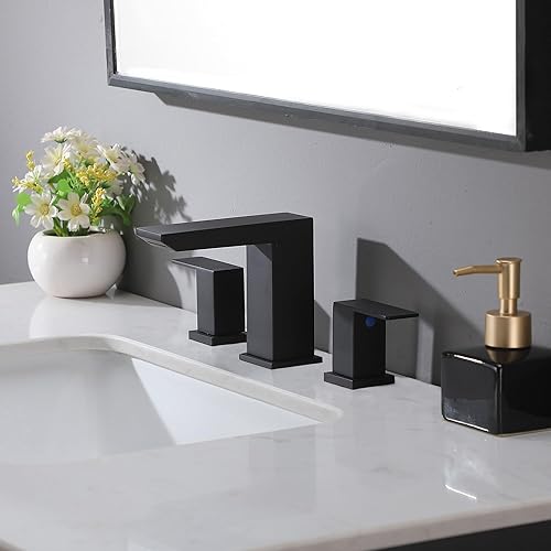 Miniatura 5 de VCCUCINE - Grifo de baño de cascada negra de 8 pulgadas, grifo de lavabo de baño extendido de 3 agujeros, moderno negro mate, grifos de baño para