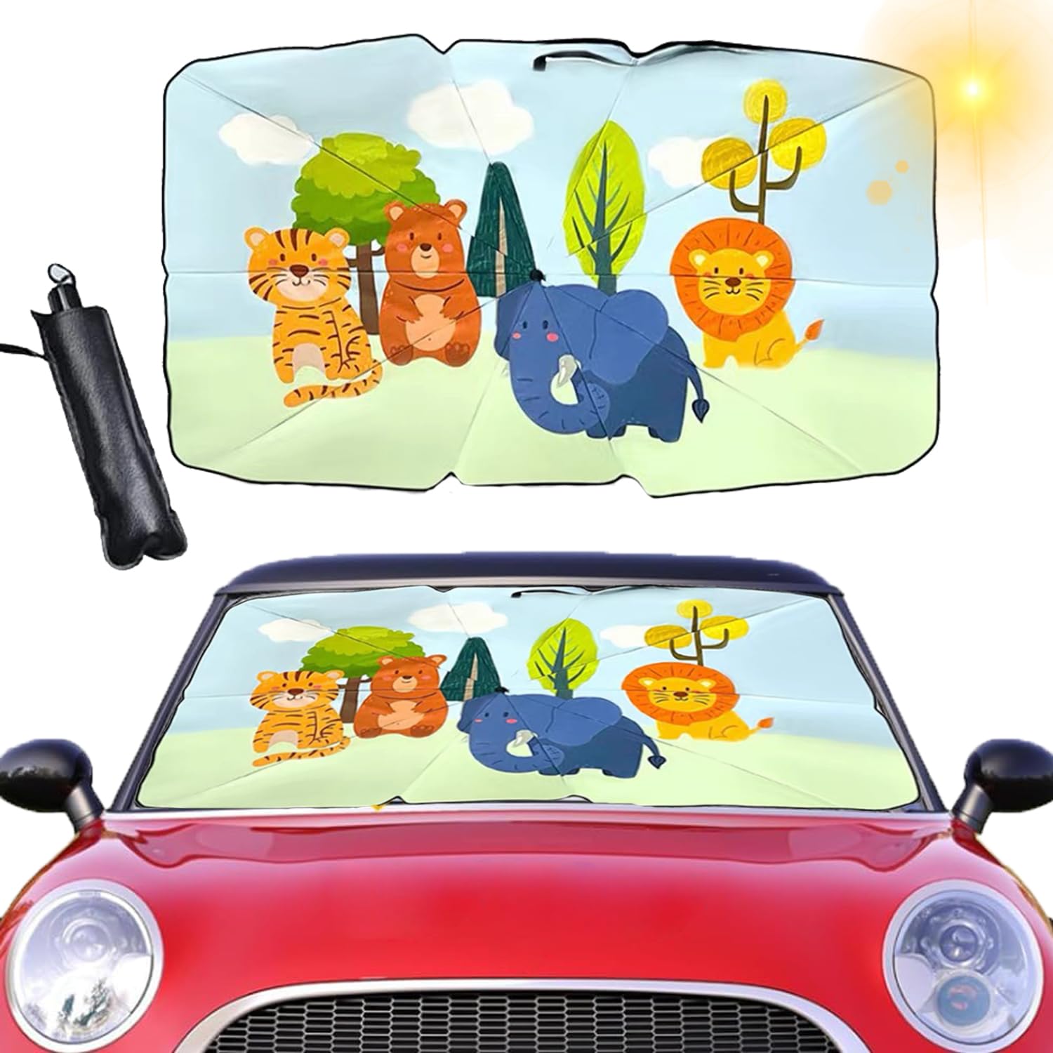 Parasol Paraguas Coche,Paraguas Parasol Coche,Parasol Coche Delantero Paraguas,Parasol Coche Paraguas Plegable,Apto para para la mayoría de Coches,SUV, Camiones,con Estampado Animal,(140 * 79cm)
