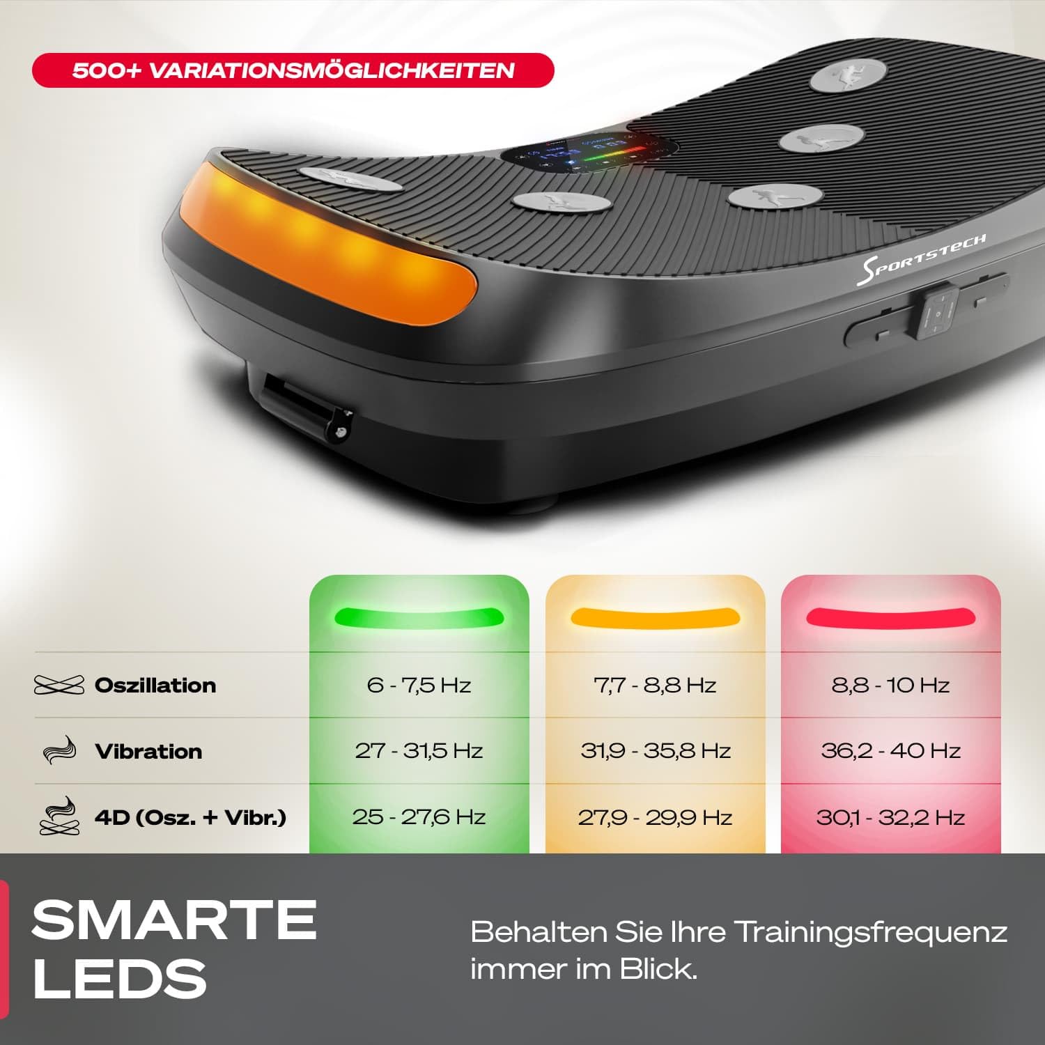 Sportstech 4D Vibrationsplatte für Zuhause, VP400 und sVibe, Smart LED, Trainingsbänder und Ropes, Abnehmen, Ganzkörpertraining, Muskelaufbau, 120 kg belastbar, Fitness Training