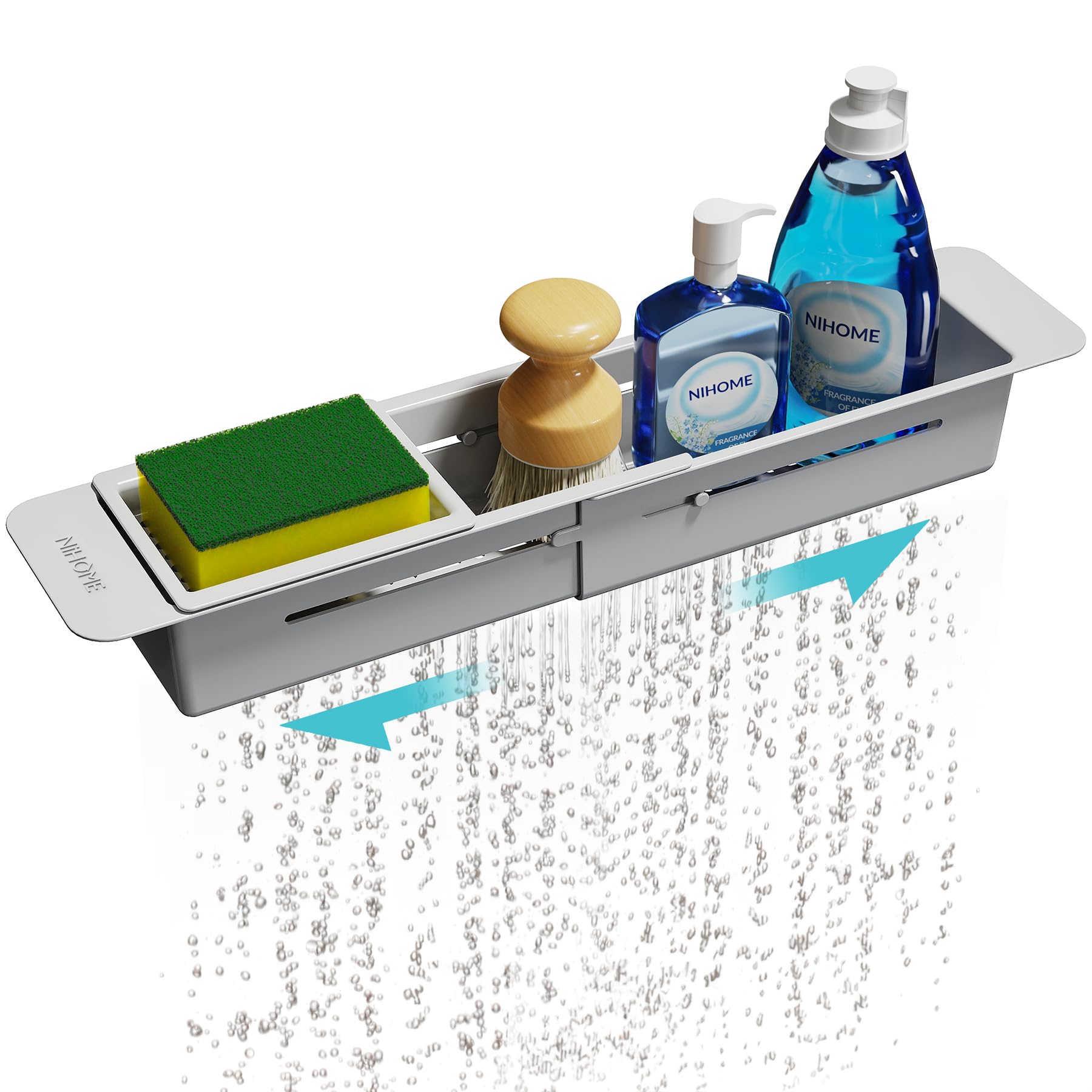 NiHome Extendable Over Sink Kitchen Organizer, Small Telescopic Brush Storage Rack for Sponge, Non-Slip Pads Expandable Sink Caddy, Adjustable Sponge/Brush Rack with Drainage Durable ABS (Grey)