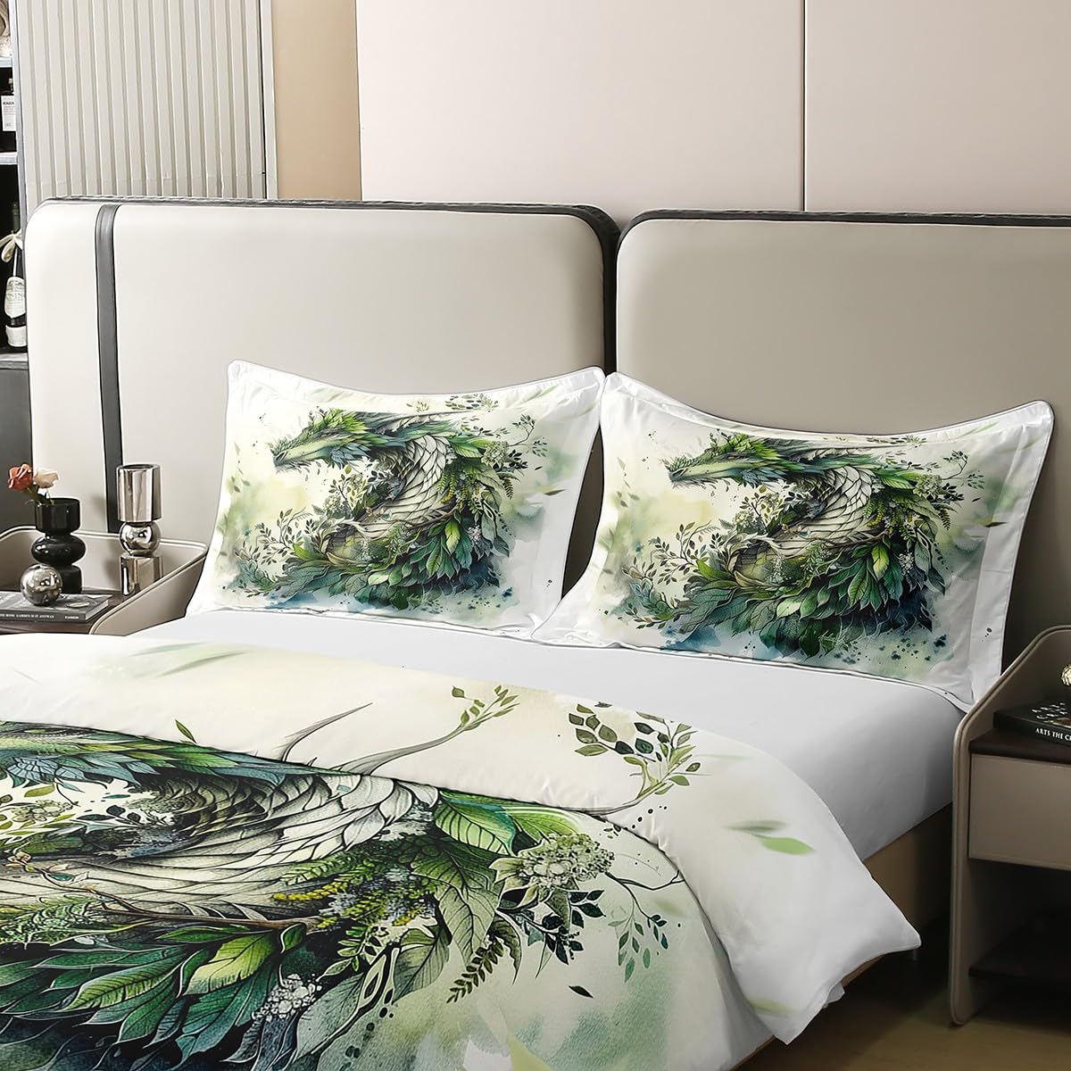 Loussiesd Drache 100% Baumwolle Bettwäsche Set 135x200cm Grasdrache Betten für Kinder Mädchen Jungs Wild Life Bettbezug Wild Tier Bettwäsche-Set Zimmer Dekor Weiß Grün