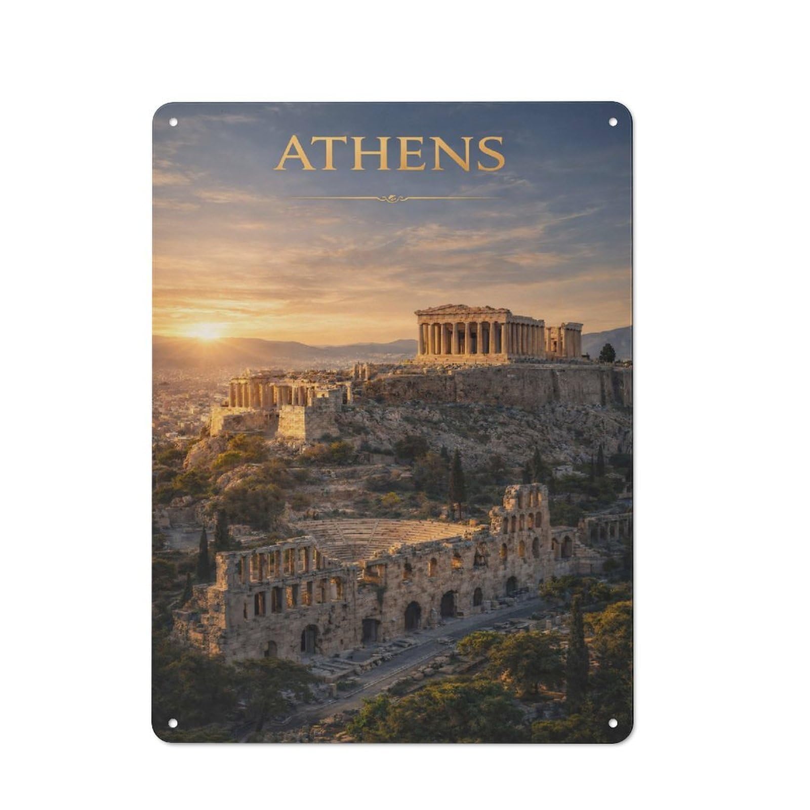 Junmoney Style-18 Athens Acropolis At Sunset Rustic Metal Sign 40X30cm For Garden Room Or Summerhouse, For Themed Interiors In Garden Rooms And Summerhouses