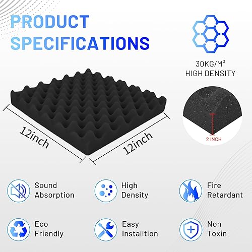 Miniatura 6 de Focusound Paquete de 36 paneles de espuma acústica, paneles de espuma a prueba de sonido de caja de huevos de 2 x 12 x 12 pulgadas para paredes,