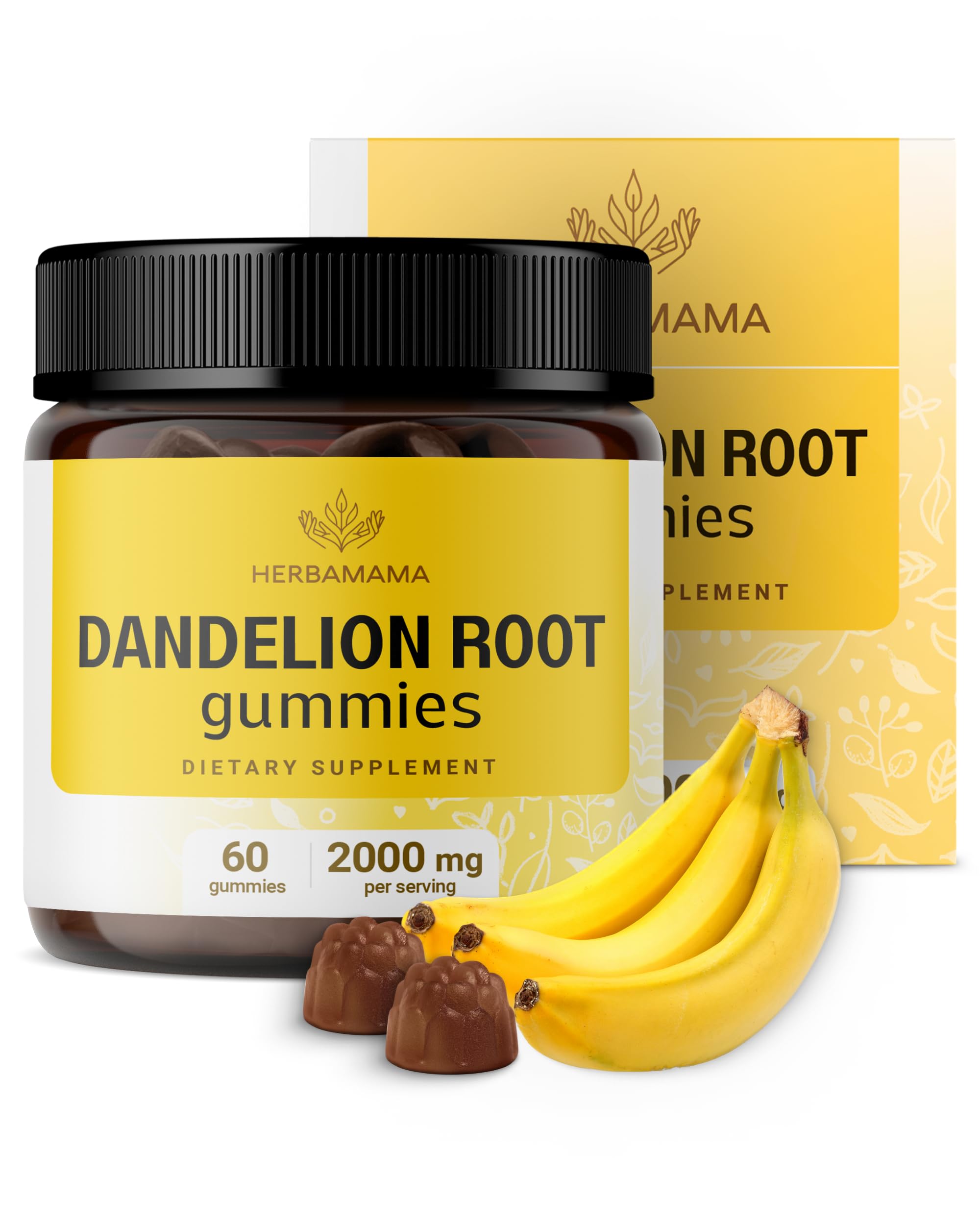 HERBAMAMA Dandelion Root Gummies - 2000mg Dandelion Herb for Liver and Kidney Cleanse Support - Vegan, Non-GMO Liver Support Supplement - 60 Pectin-Based Banana-Flavored Chews